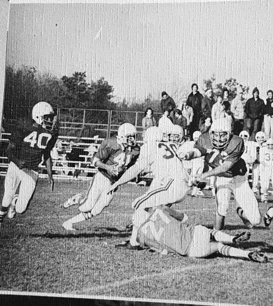 Jeffrey Pina, number 40 at left, during an Old Rochester Regional football game