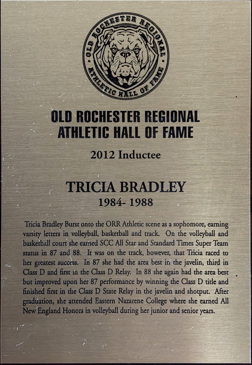 Tricia Bradley’s 2012 Old Rochester Regional Athletic Hall of Fame plaque
