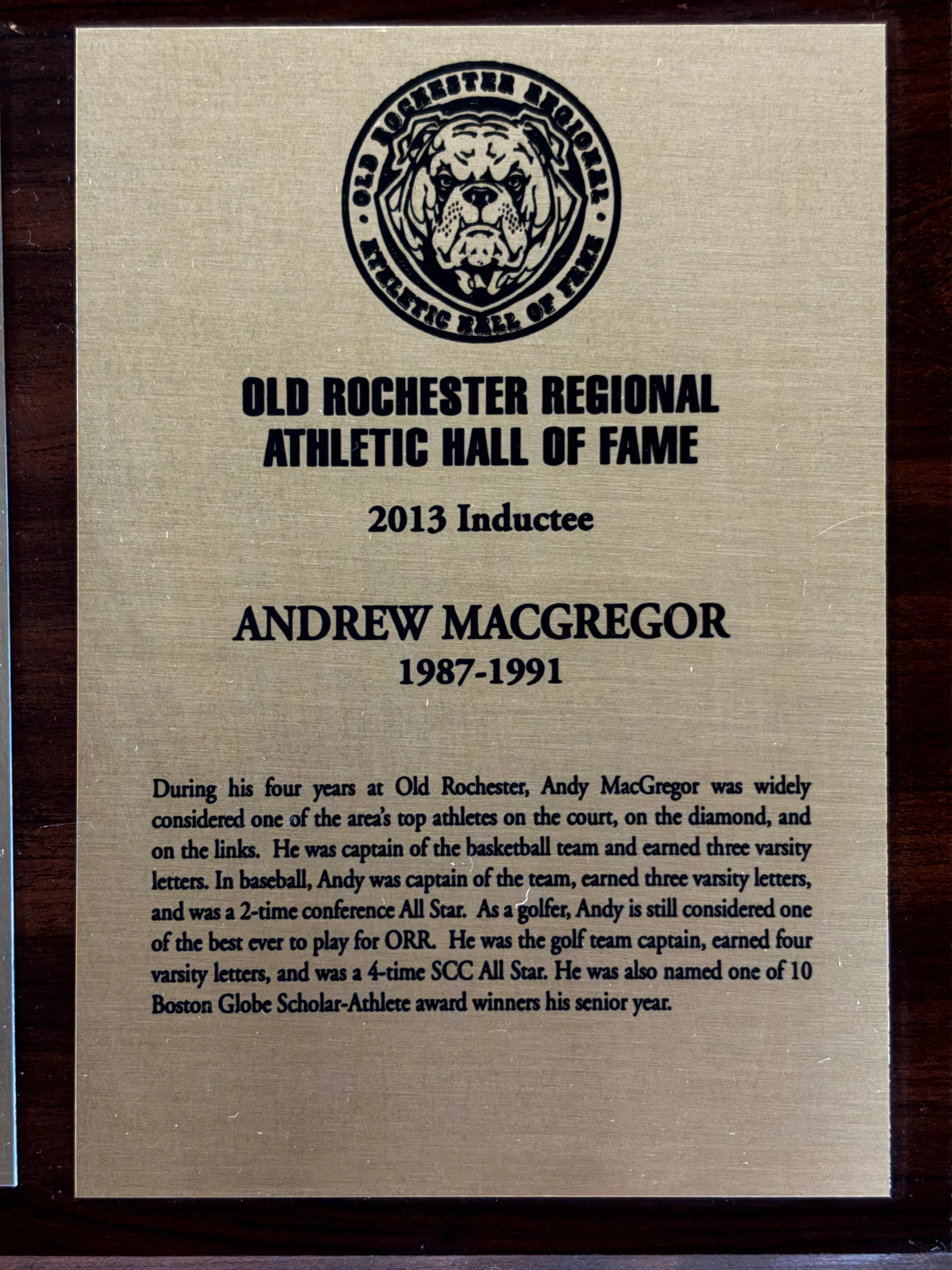 Andrew MacGregor’s 2013 Old Rochester Regional Athletic Hall of Fame plaque