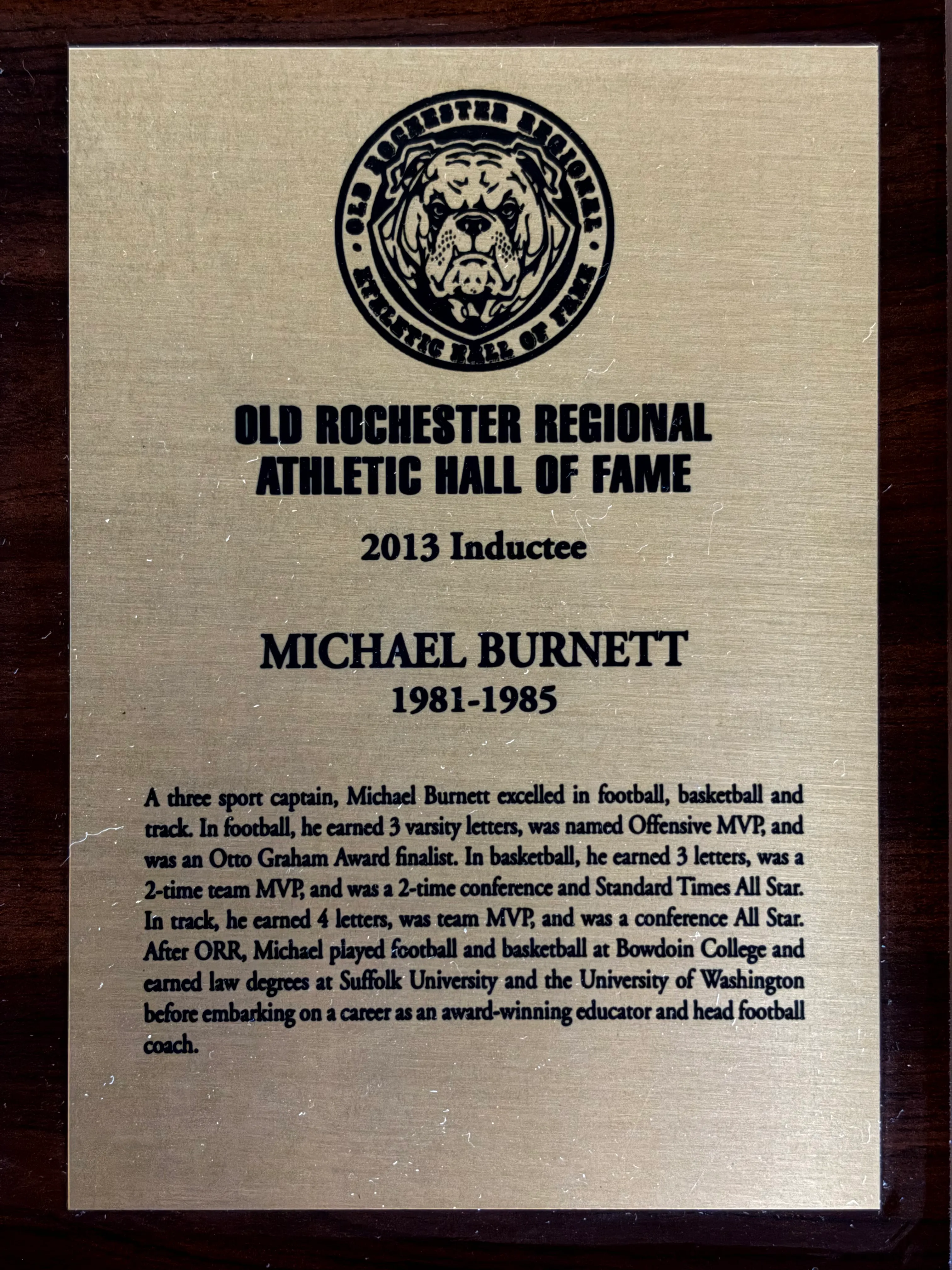 Michael Burnett’s 2013 Old Rochester Regional Athletic Hall of Fame plaque
