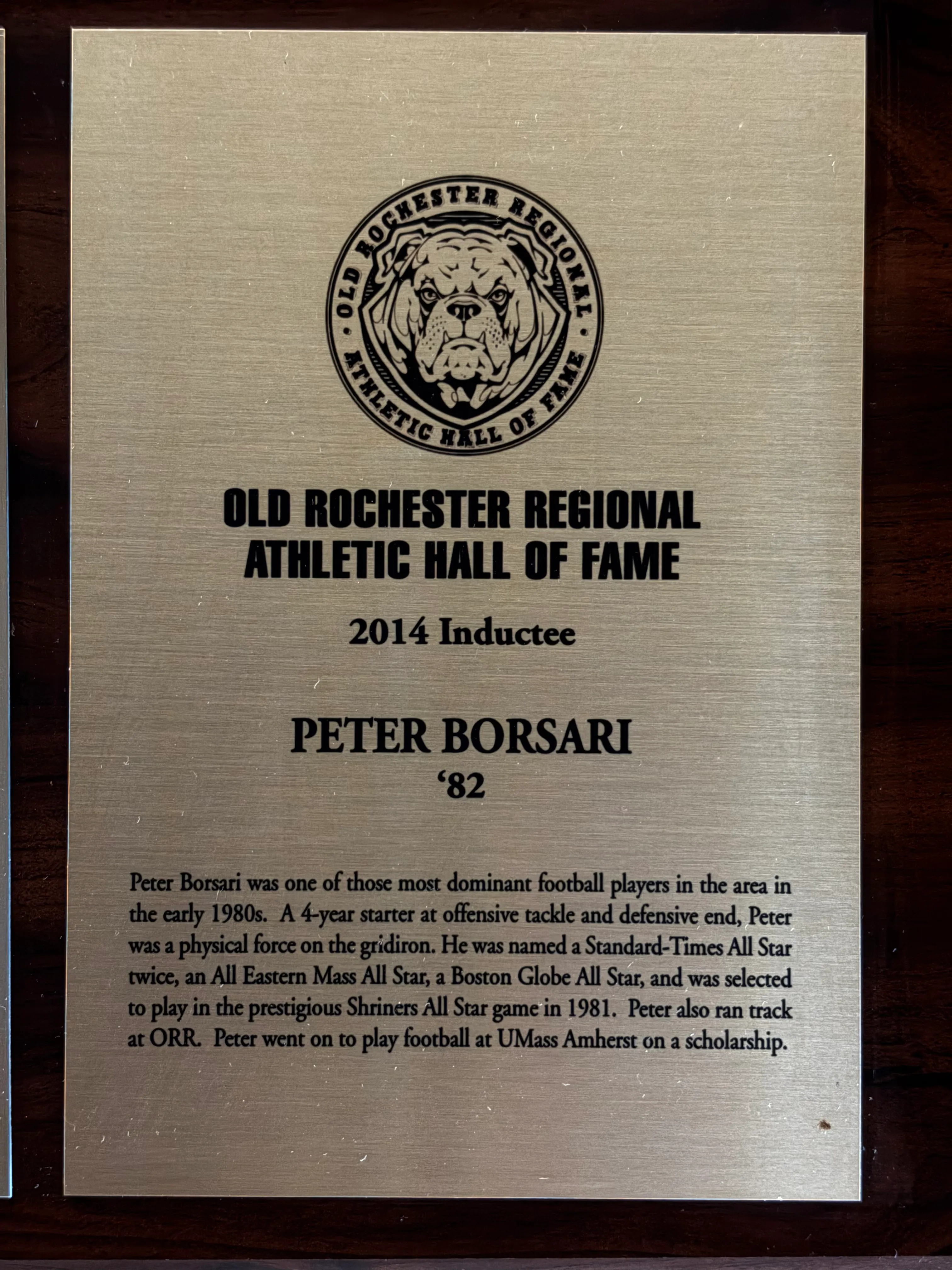 Official 2014 Old Rochester Regional Athletic Hall of Fame plaque for Peter Borsari