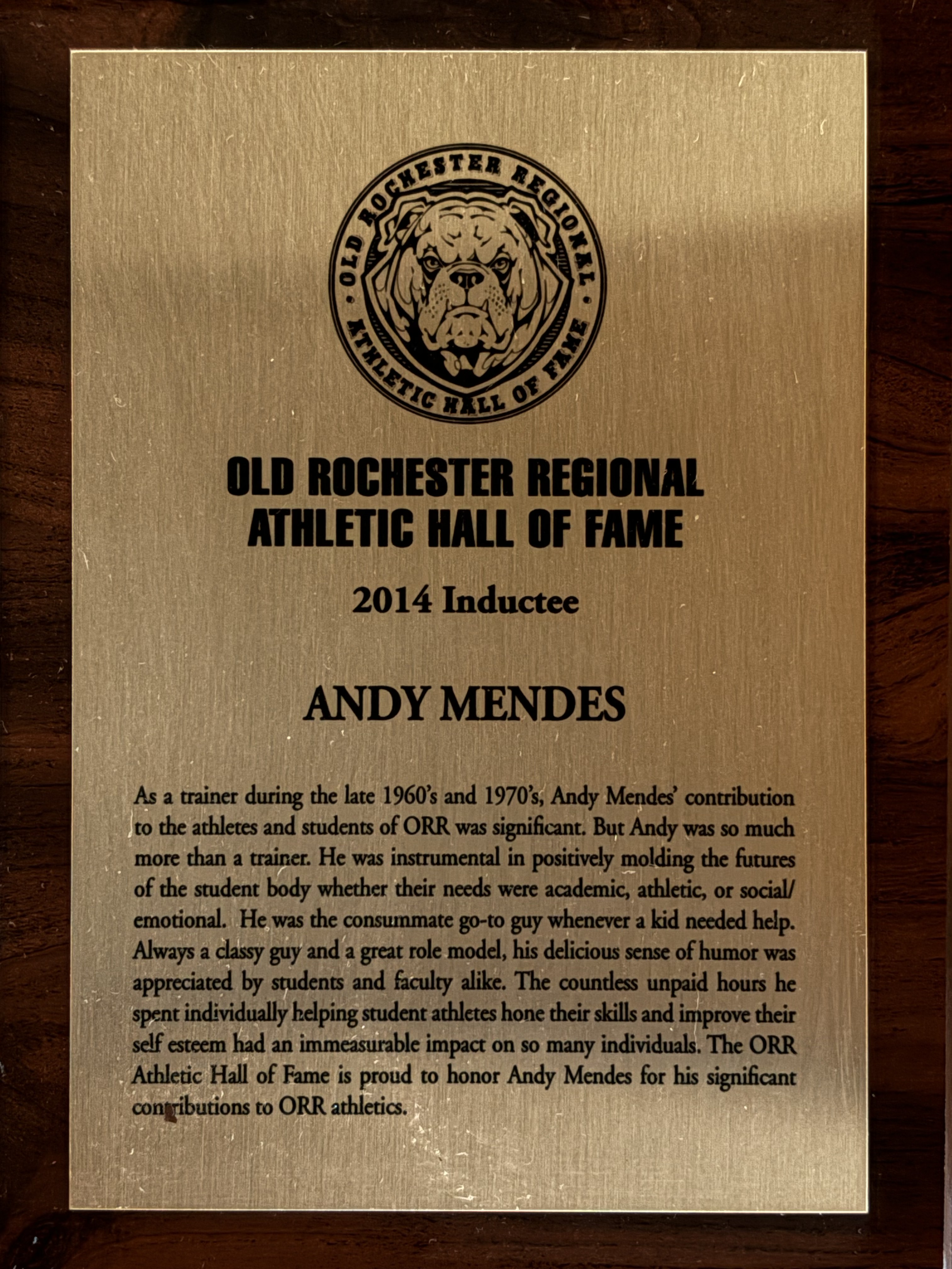 Official 2014 Old Rochester Regional Athletic Hall of Fame plaque for Andrew Mendes