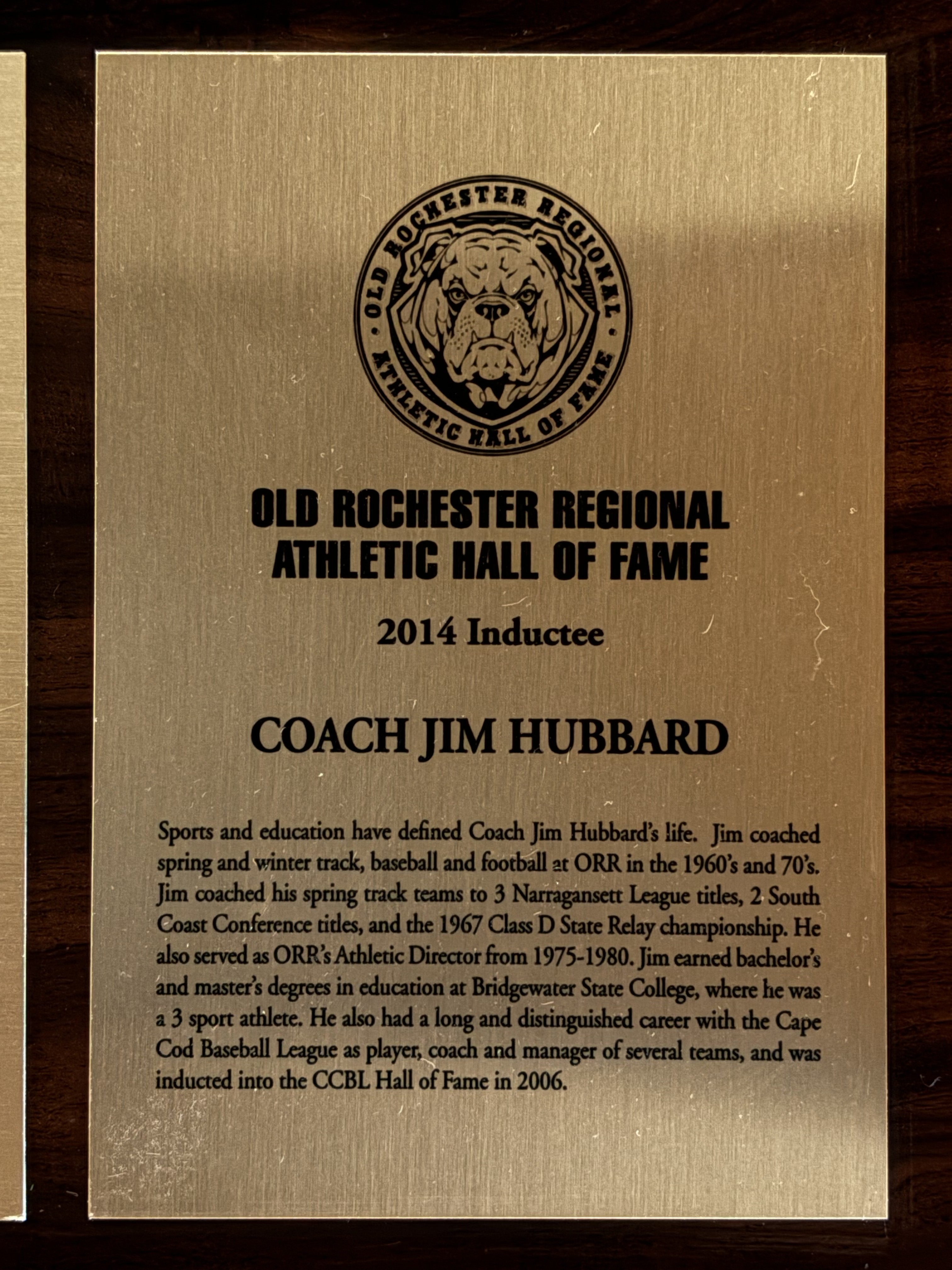 Official 2014 Old Rochester Regional Athletic Hall of Fame plaque for Jim Hubbard