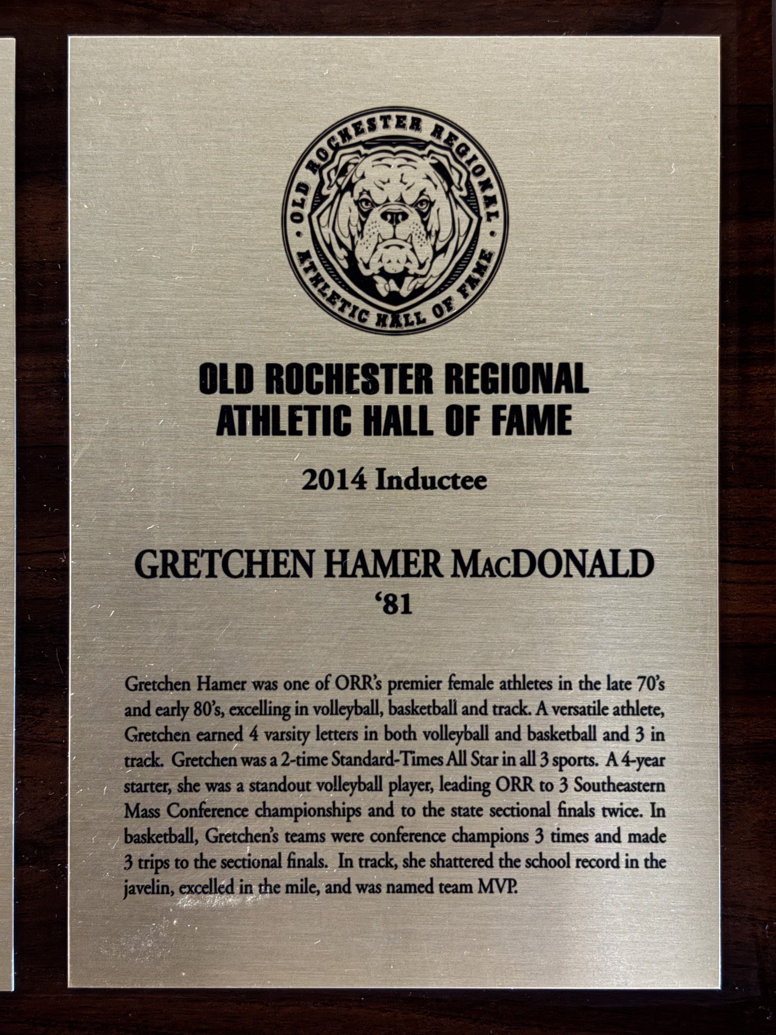 Official 2014 Old Rochester Regional Athletic Hall of Fame plaque for Gretchen Hamer MacDonald