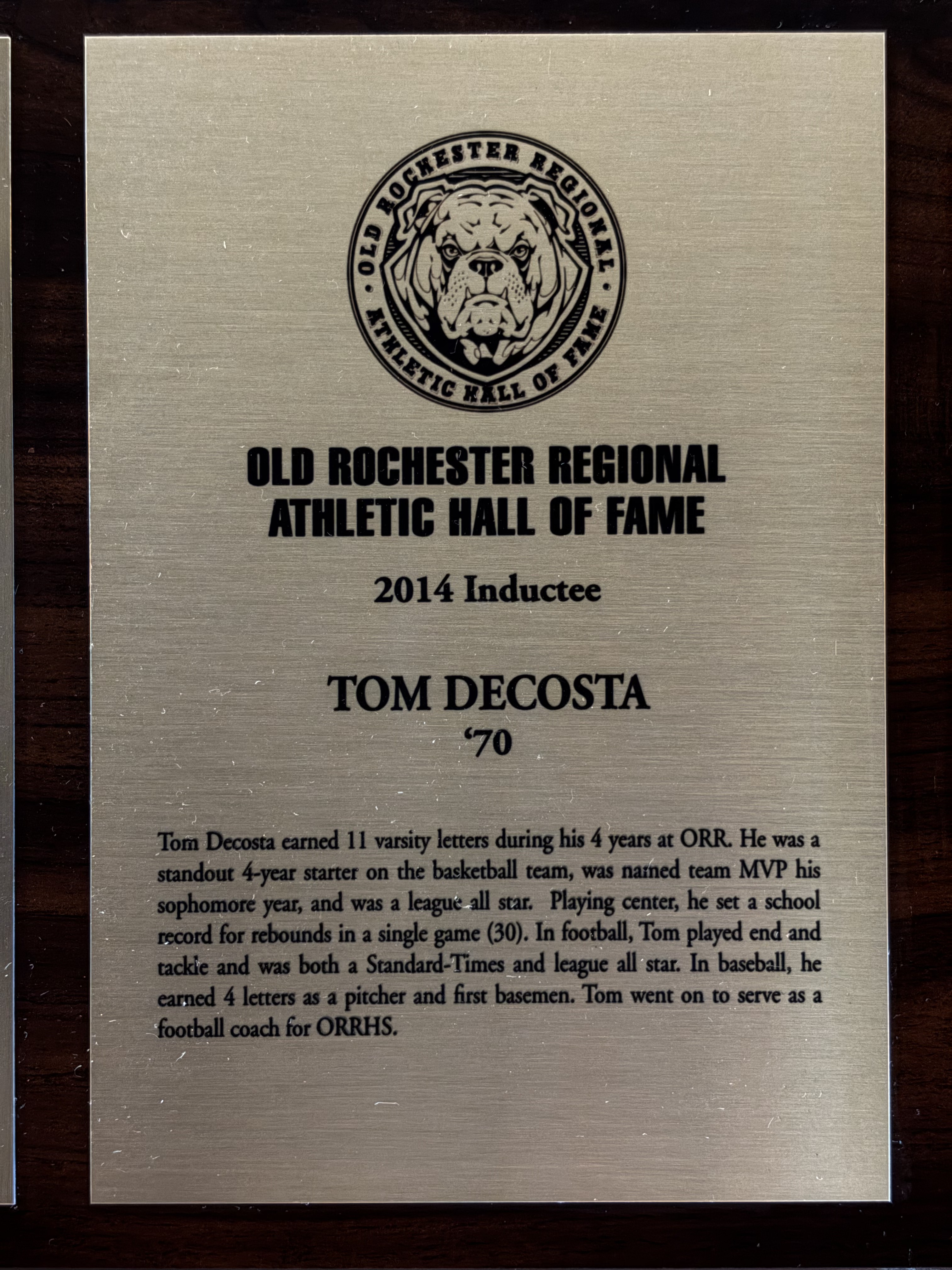 Official 2014 Old Rochester Regional Athletic Hall of Fame plaque for Tom DeCosta