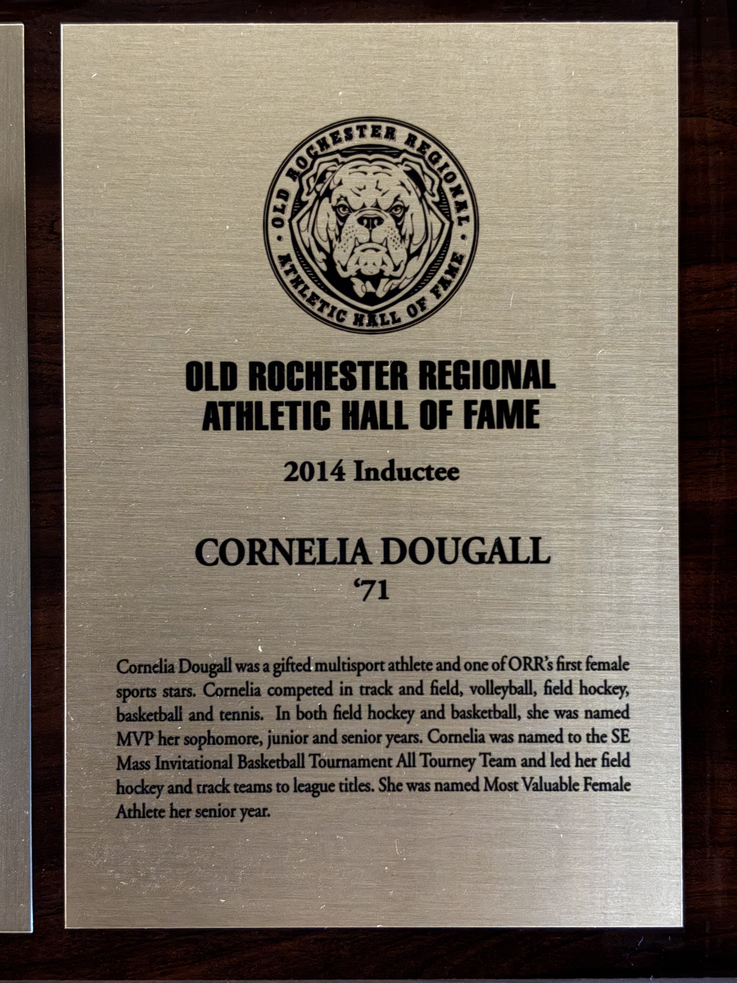 Official 2014 Old Rochester Regional Athletic Hall of Fame plaque for Cornelia Dougall