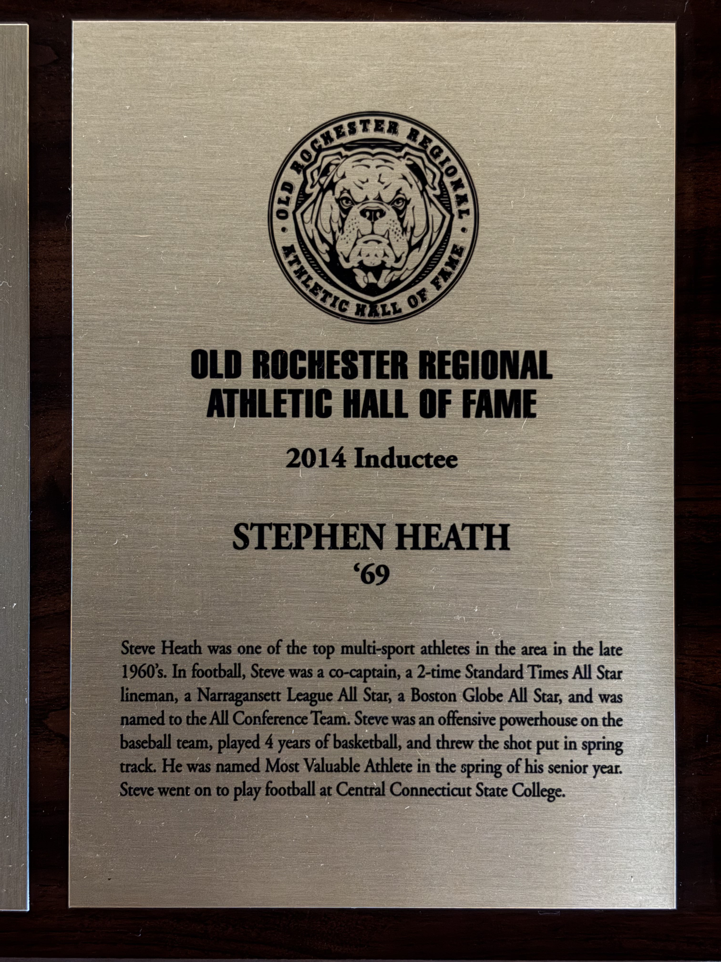 Official 2014 Old Rochester Regional Athletic Hall of Fame plaque for Steve Heath