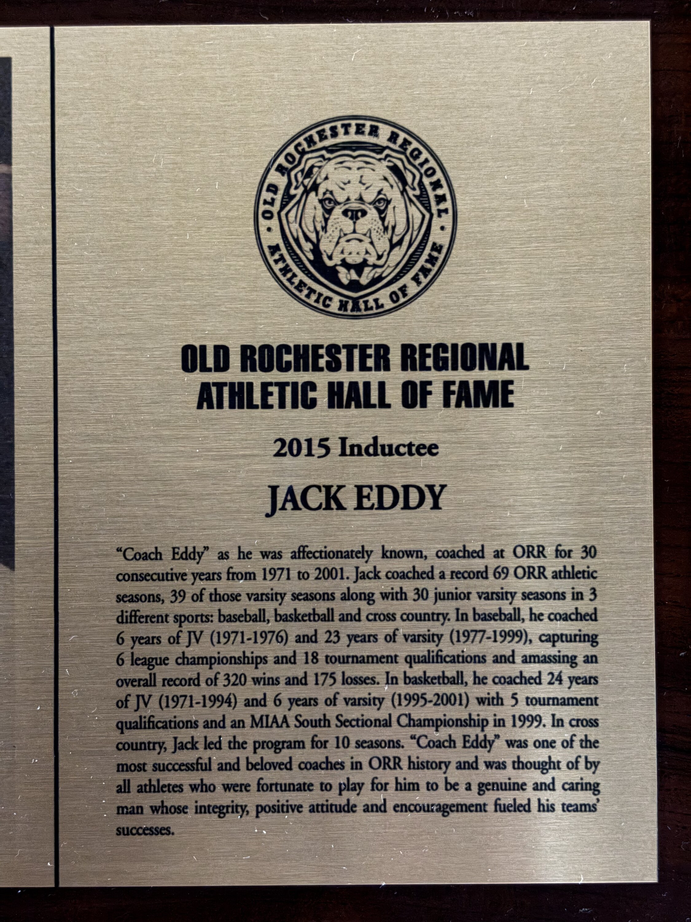Original 2015 Hall of Fame plaque for Jack Eddy