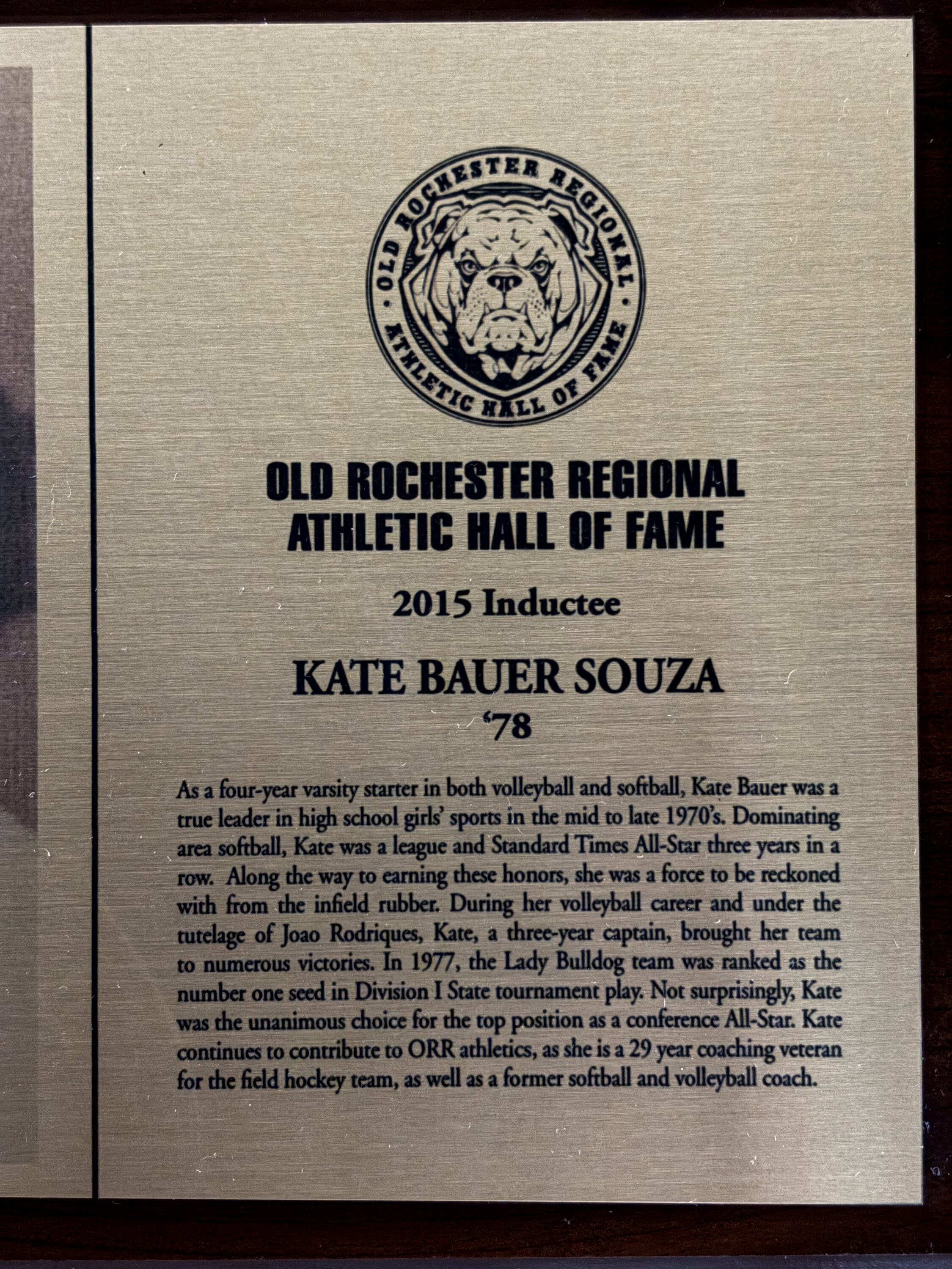 Original 2015 Hall of Fame plaque for Kate Bauer Souza
