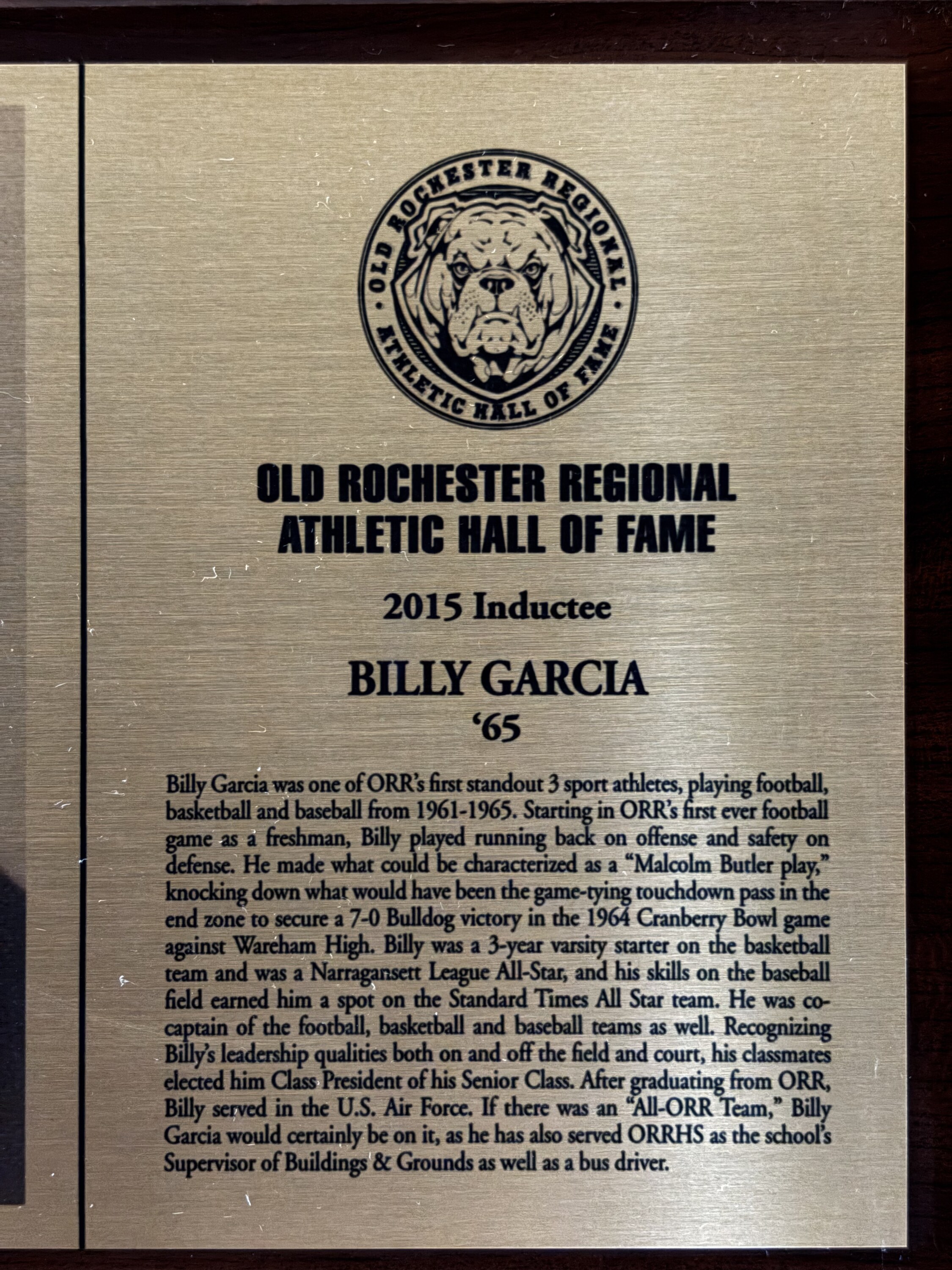 Original 2015 Hall of Fame plaque for Billy Garcia