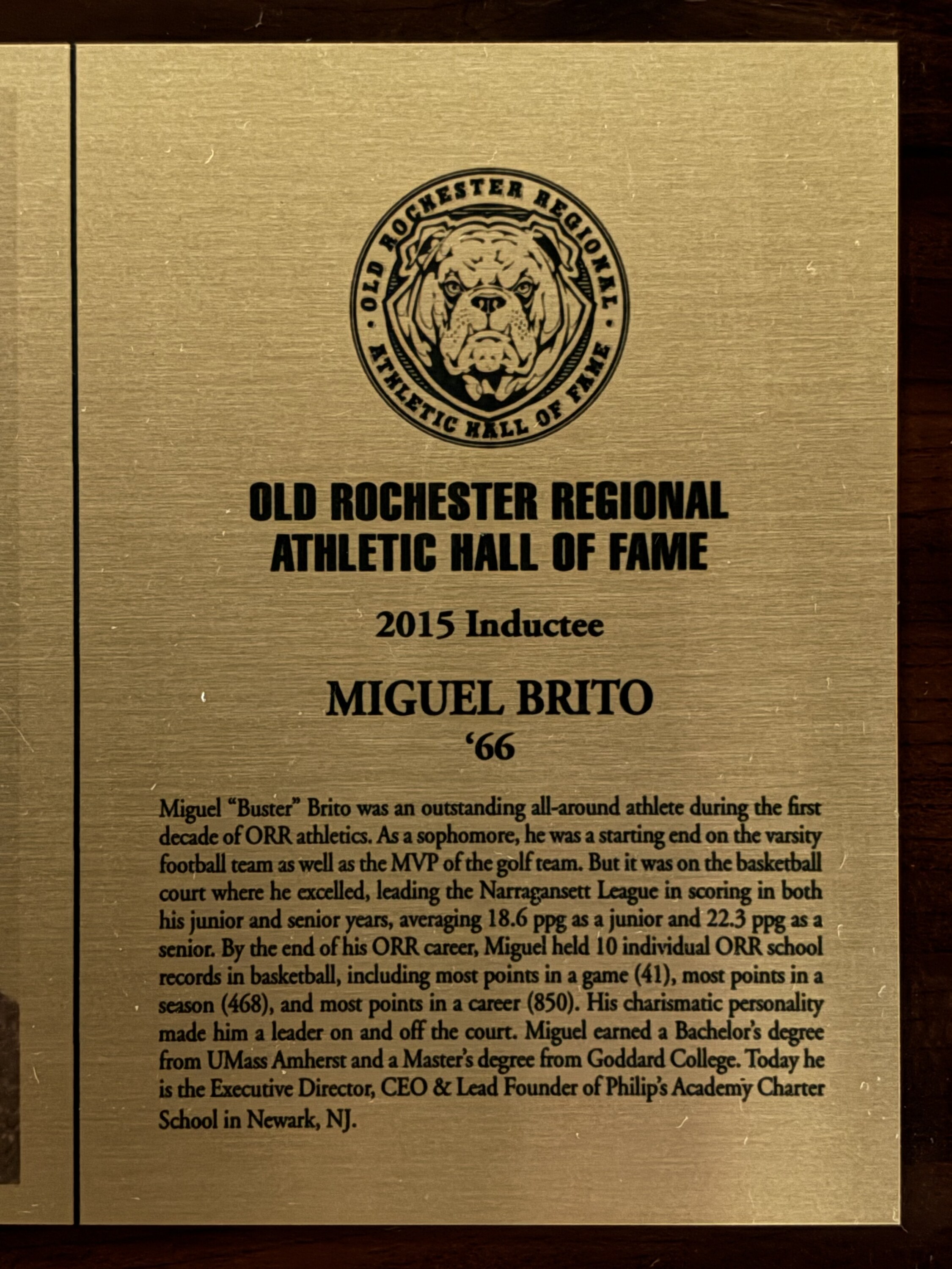 Original 2015 Hall of Fame plaque for Miguel Brito