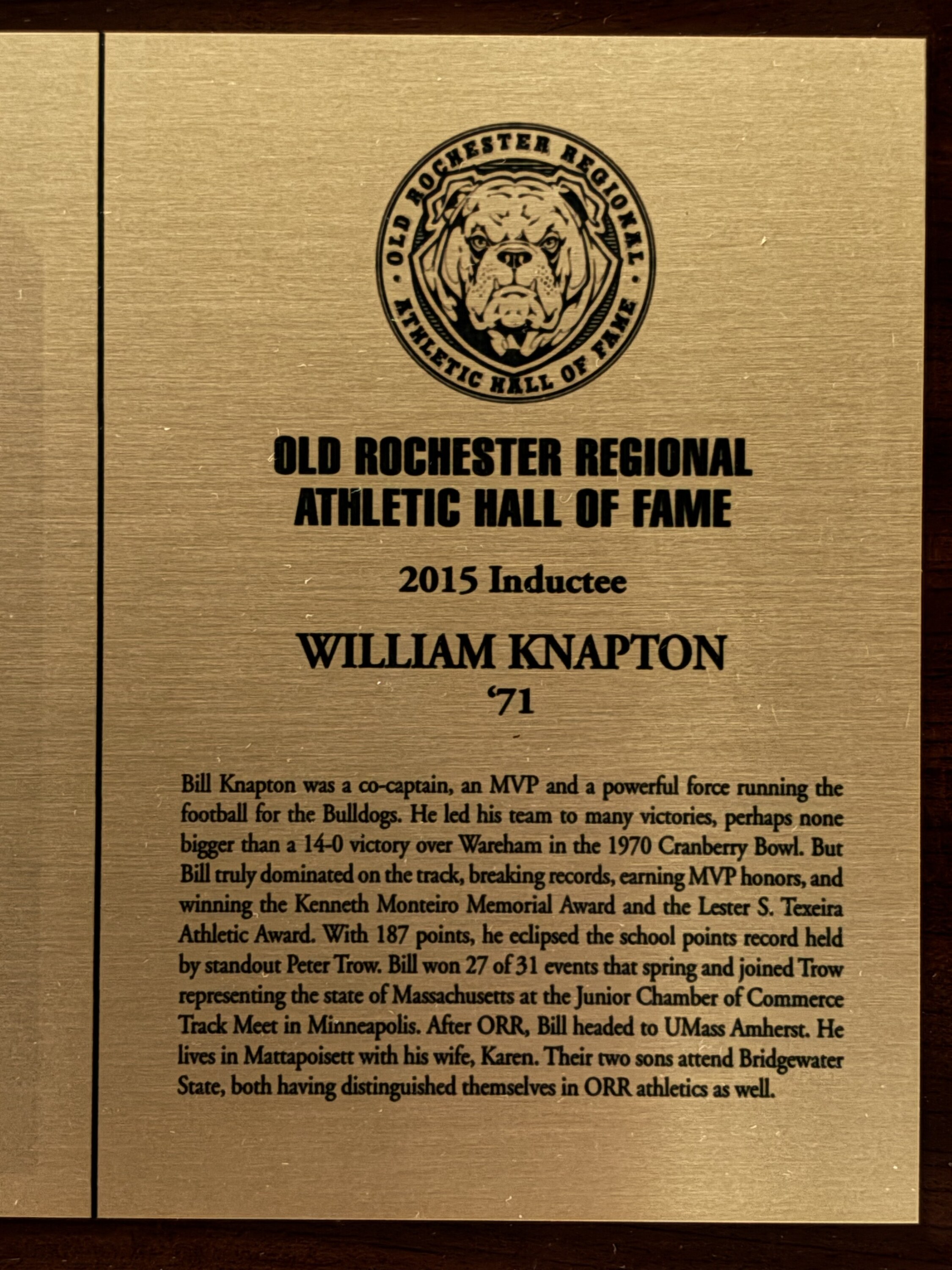 Original 2015 Hall of Fame plaque for William Knapton