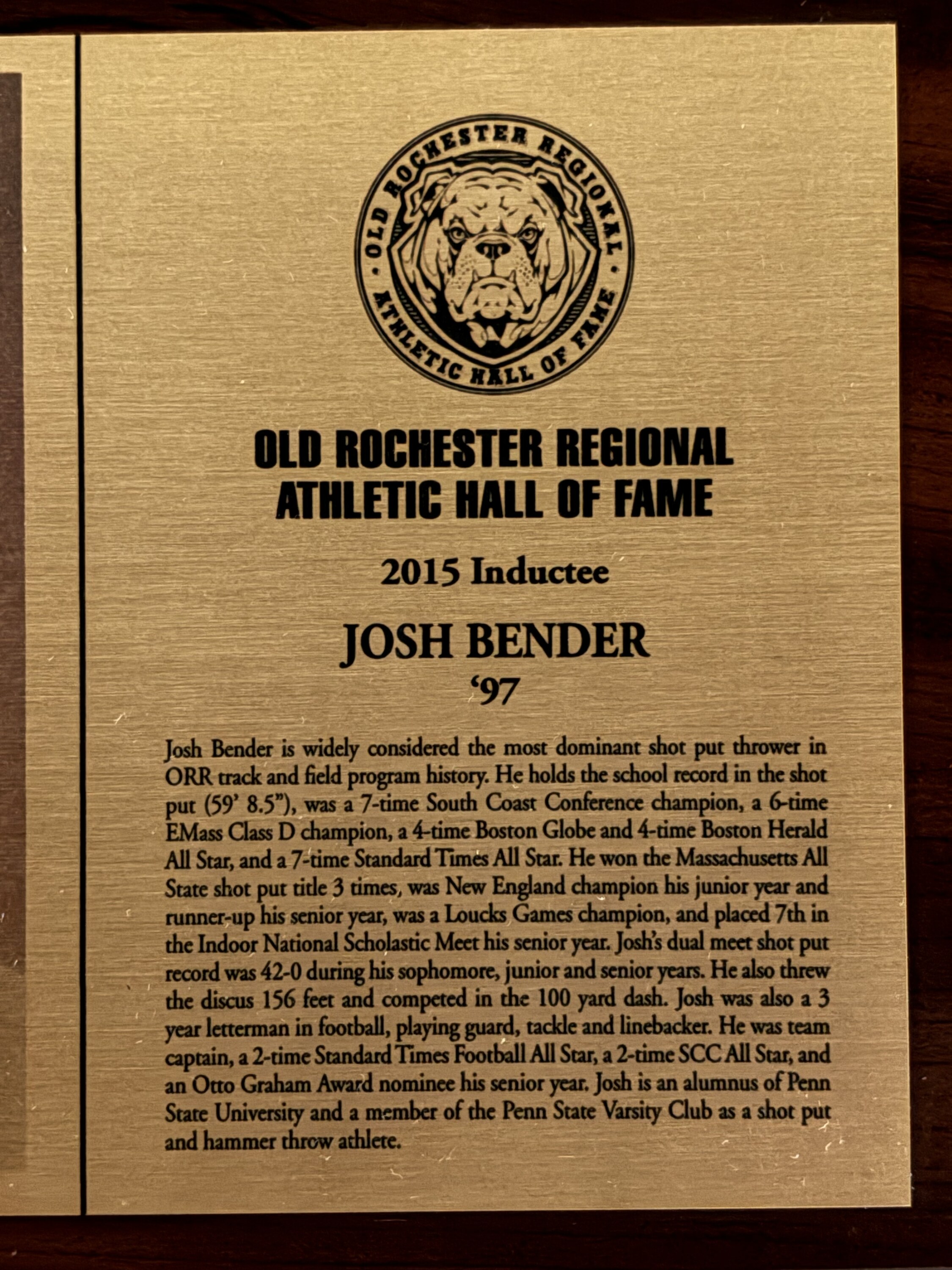 Original 2015 Hall of Fame plaque for Josh Bender
