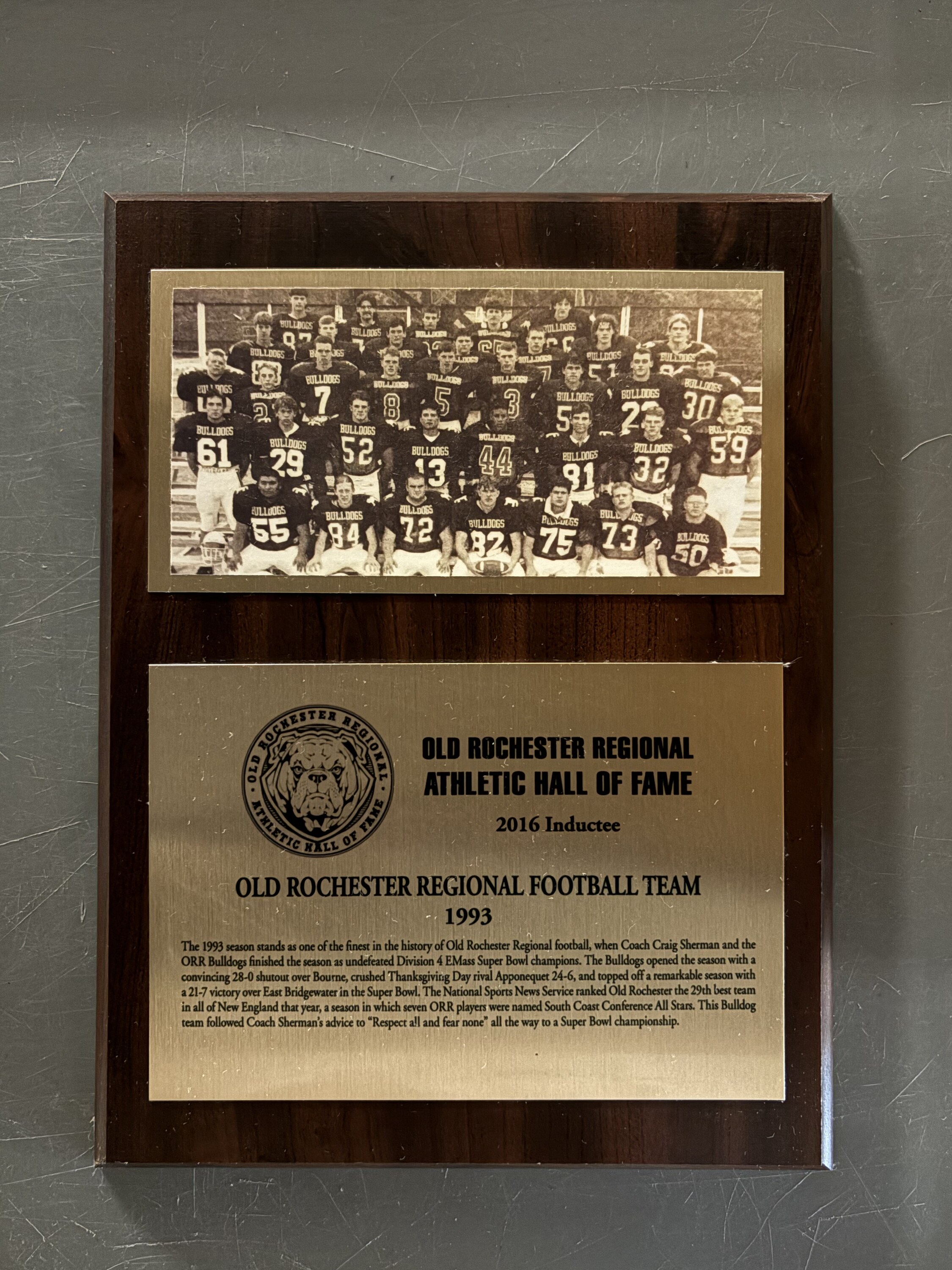 Original 2016 Hall of Fame plaque for the 1993 Old Rochester Regional Football Team