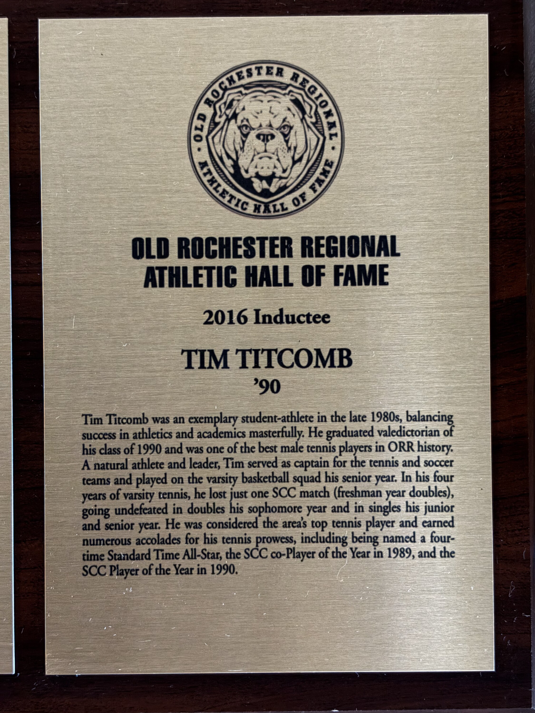 Original 2016 Hall of Fame plaque for Tim Titcomb