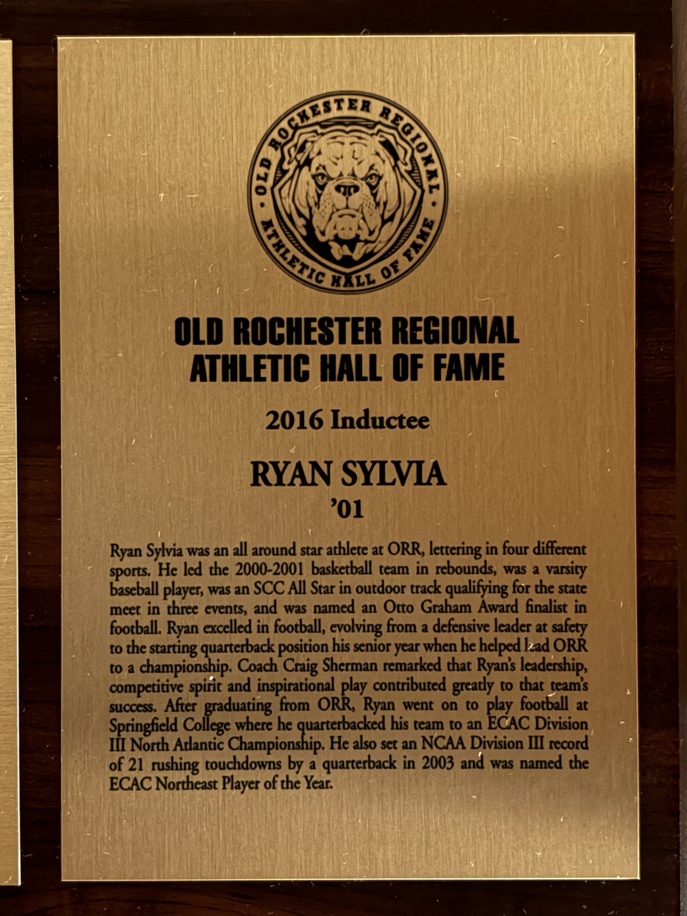 Original 2016 Hall of Fame plaque for Ryan Sylvia