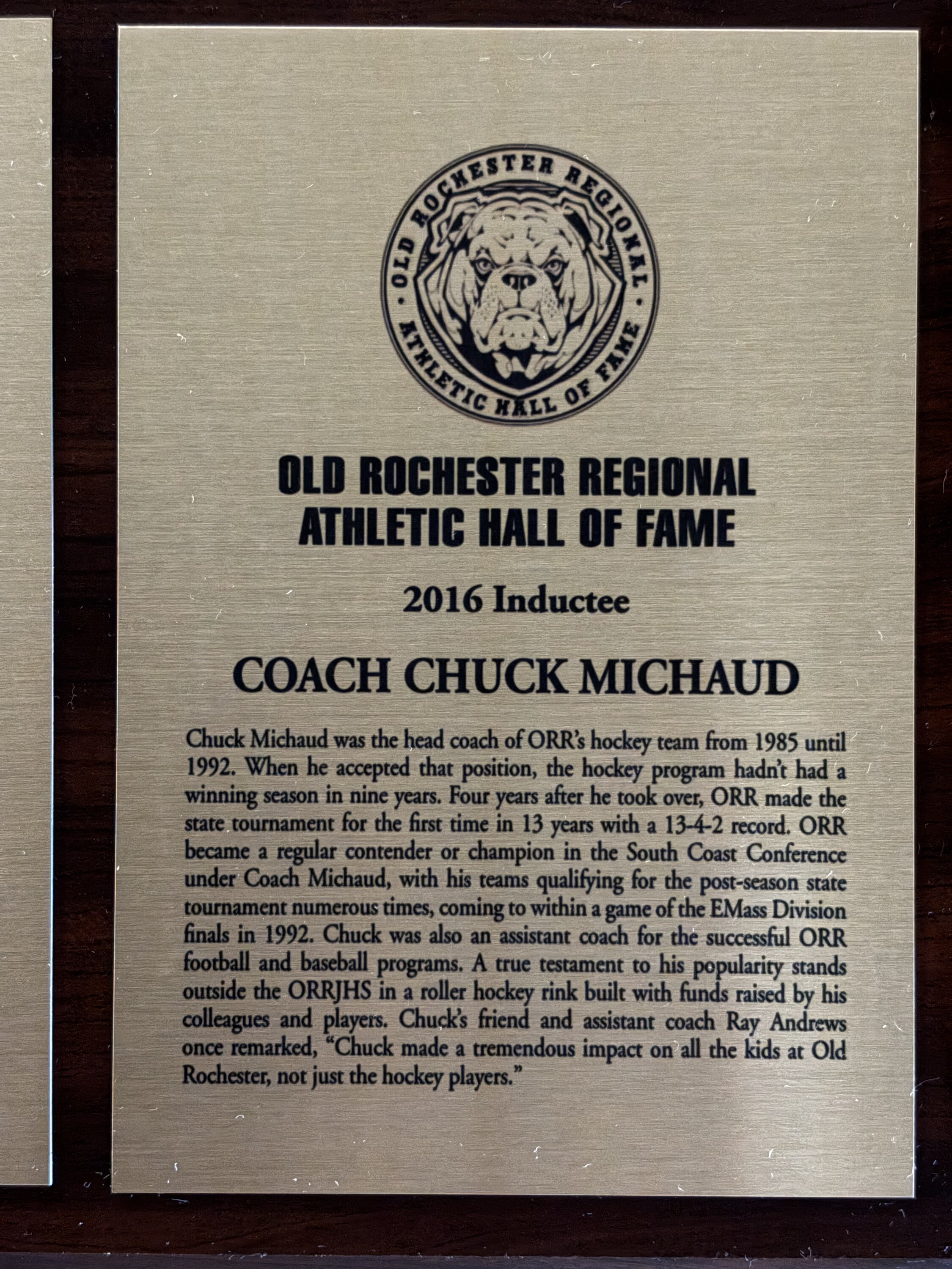 Original 2016 Hall of Fame plaque for Chuck Michaud