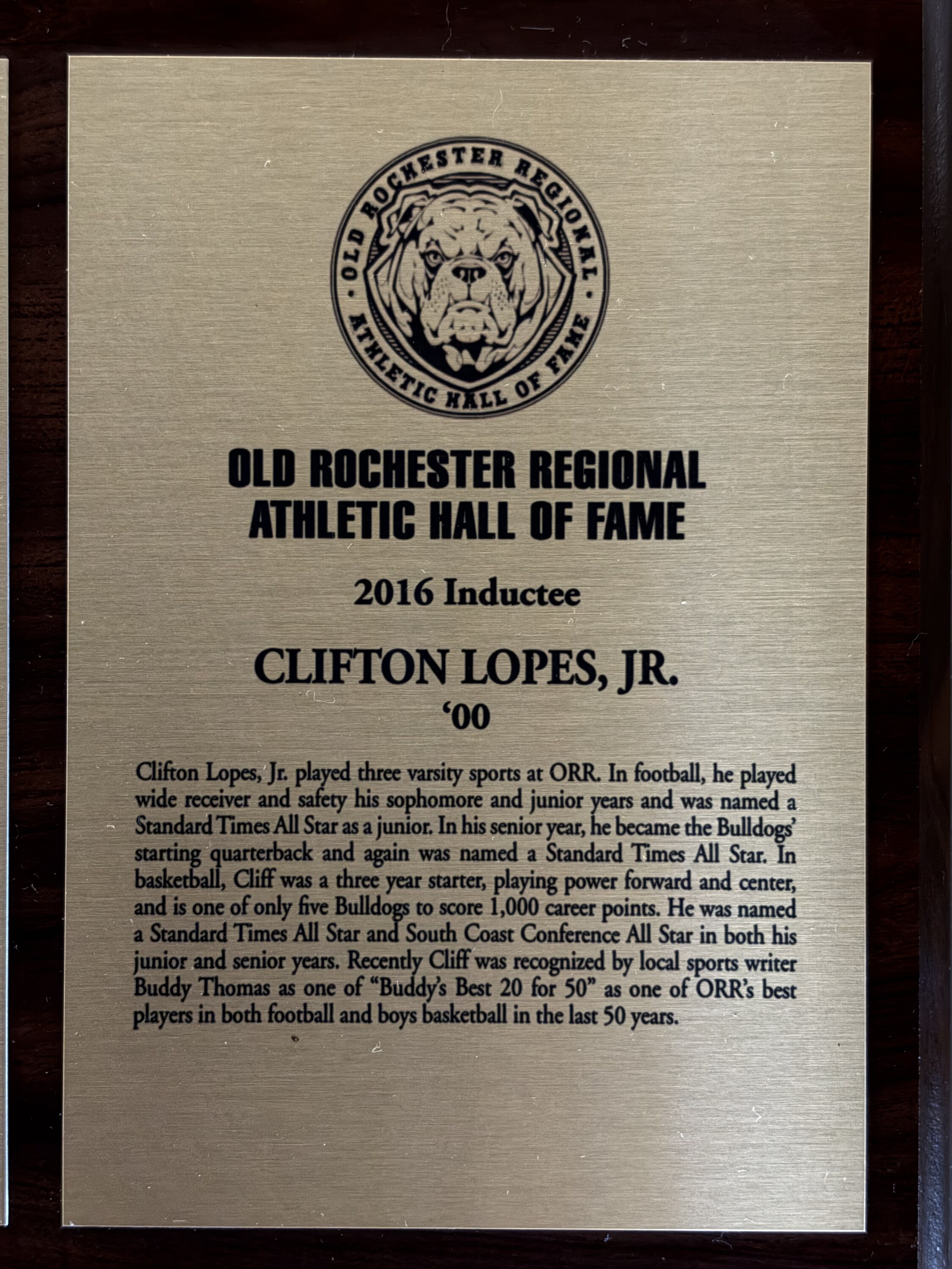Original 2016 Hall of Fame plaque for Clifton Lopes, Jr.