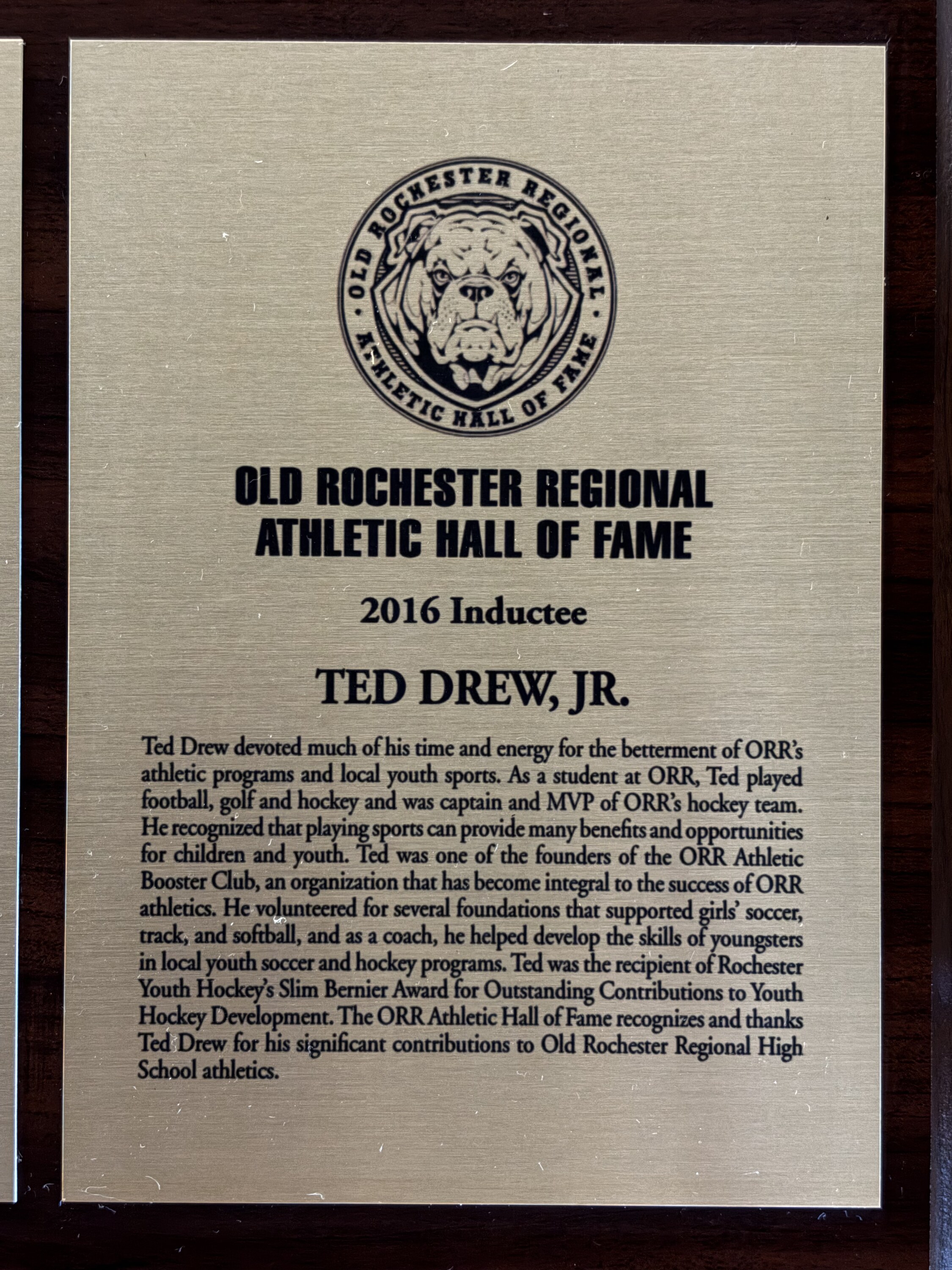 Original 2016 Hall of Fame plaque for Ted Drew, Jr.