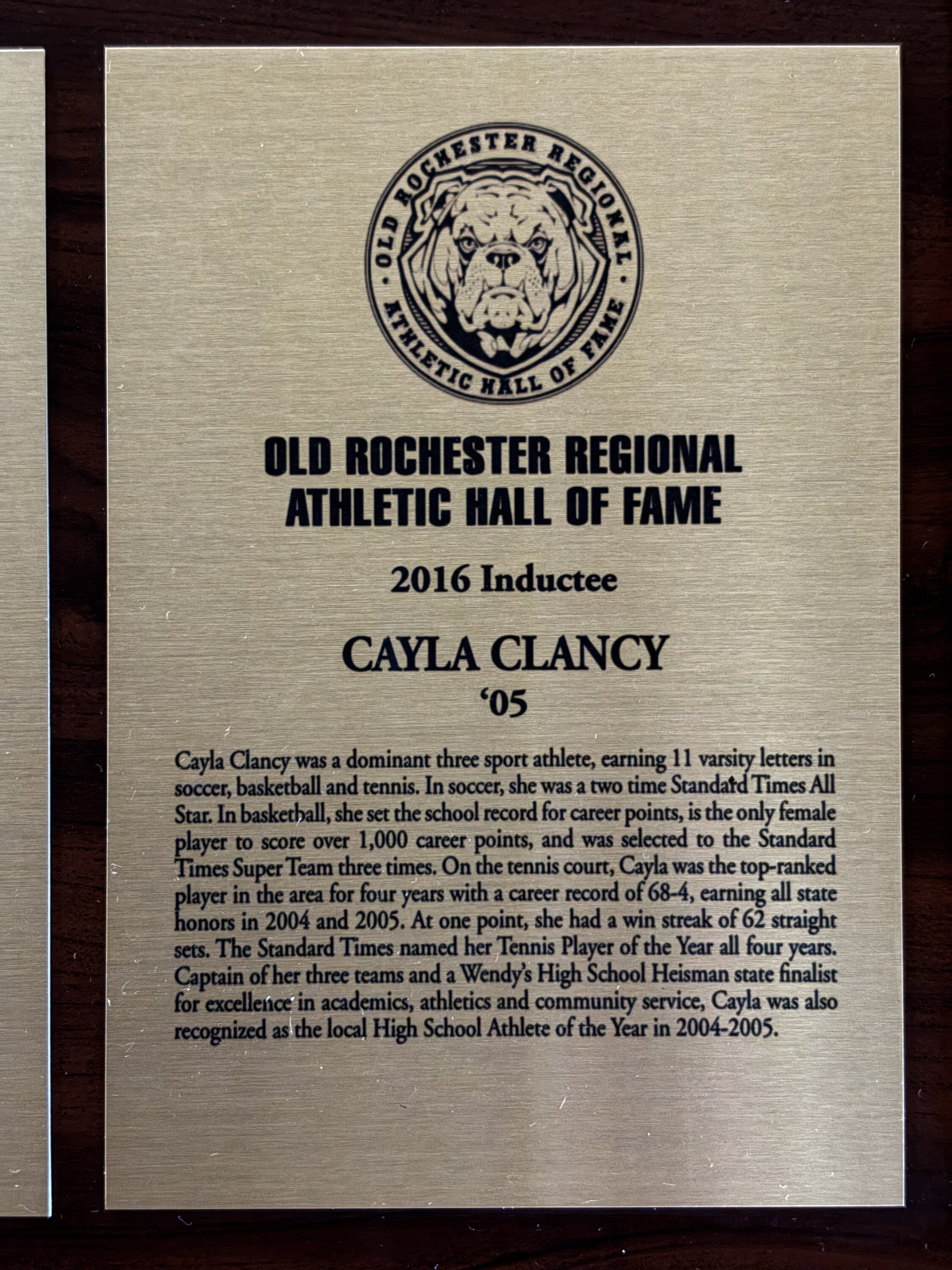 Original 2016 Hall of Fame plaque for Cayla Clancy