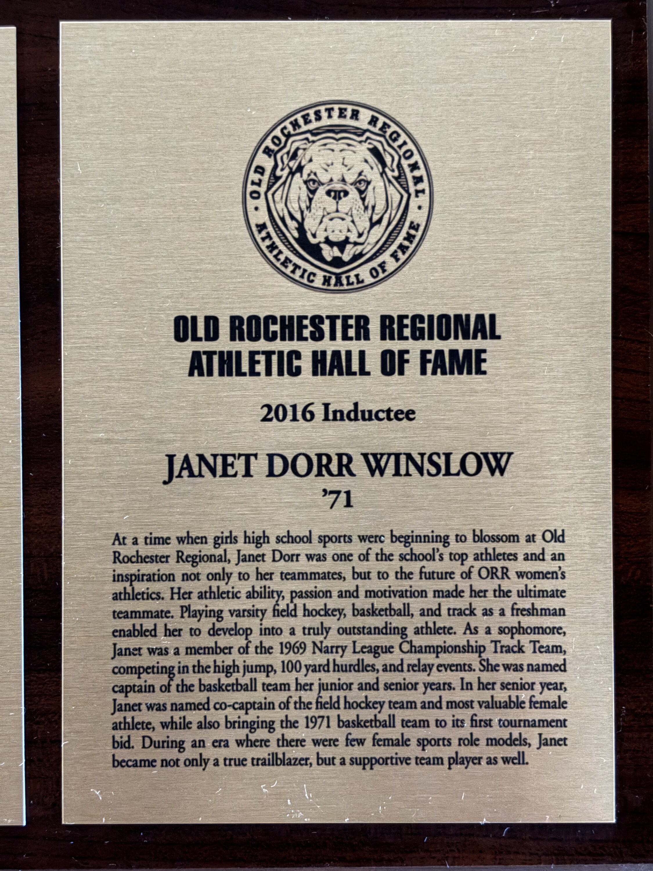 Original 2016 Hall of Fame plaque for Janet Dorr Winslow