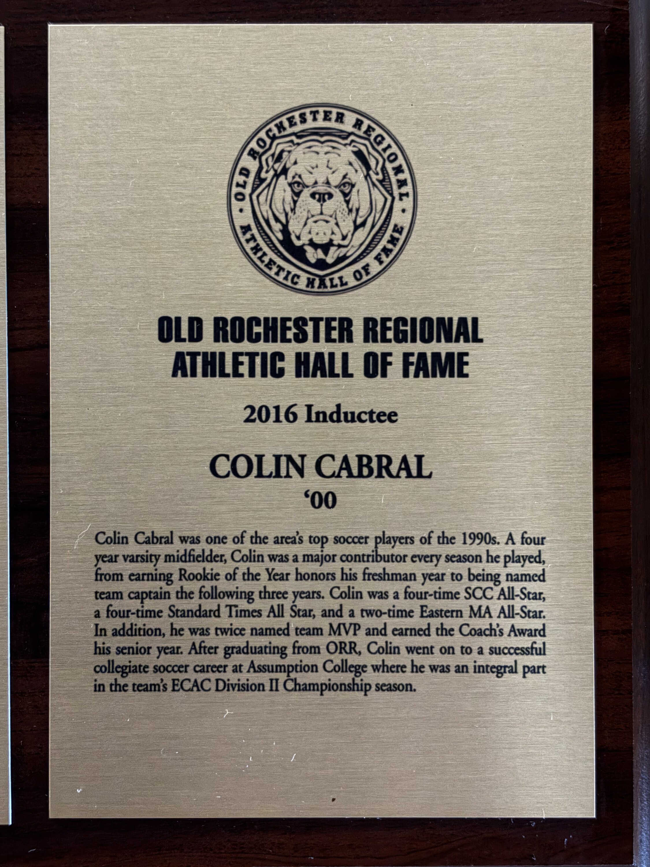 Original 2016 Hall of Fame plaque for Colin Cabral