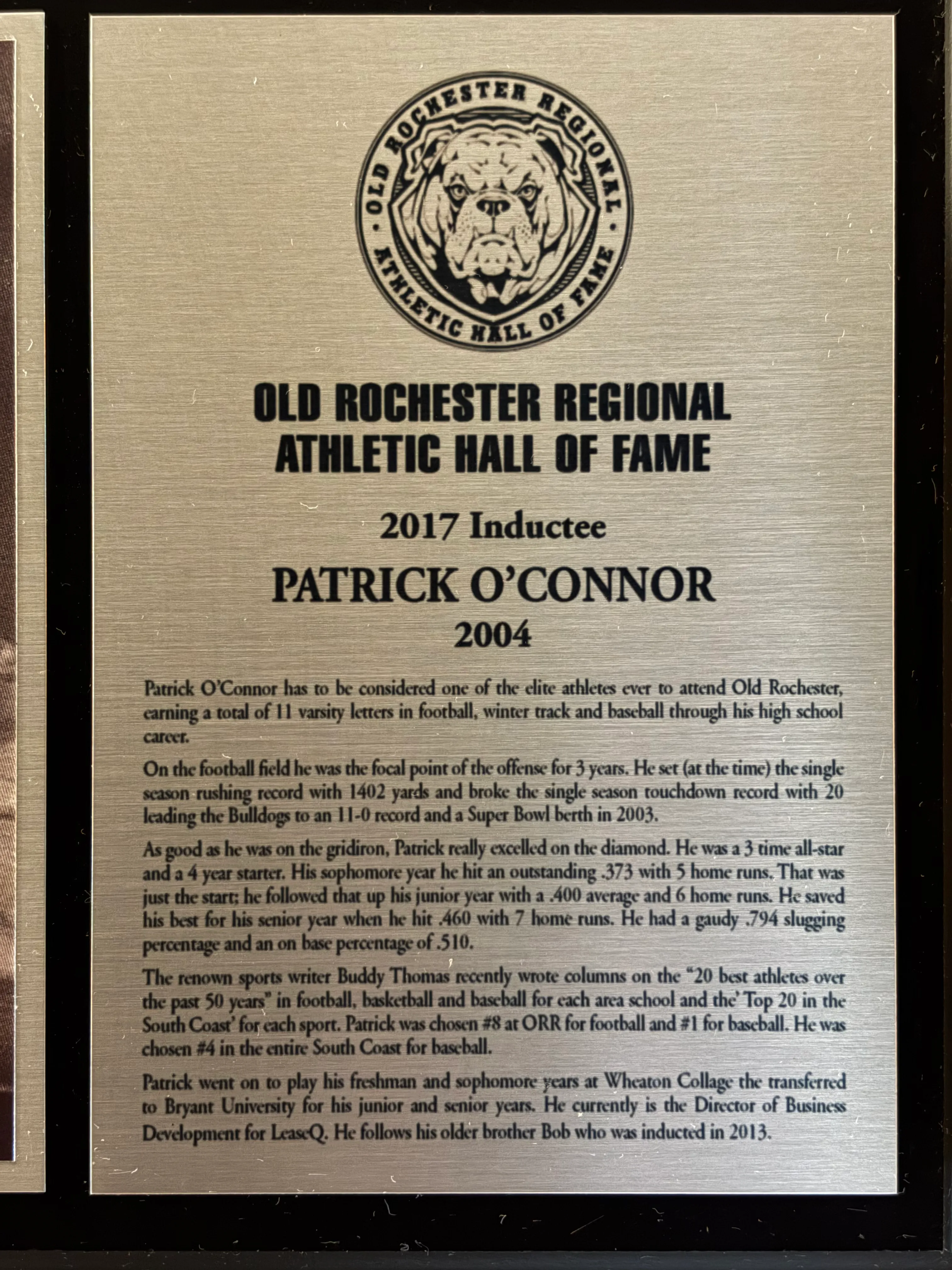 Original 2017 Old Rochester Regional Athletic Hall of Fame plaque for Patrick O’Connor