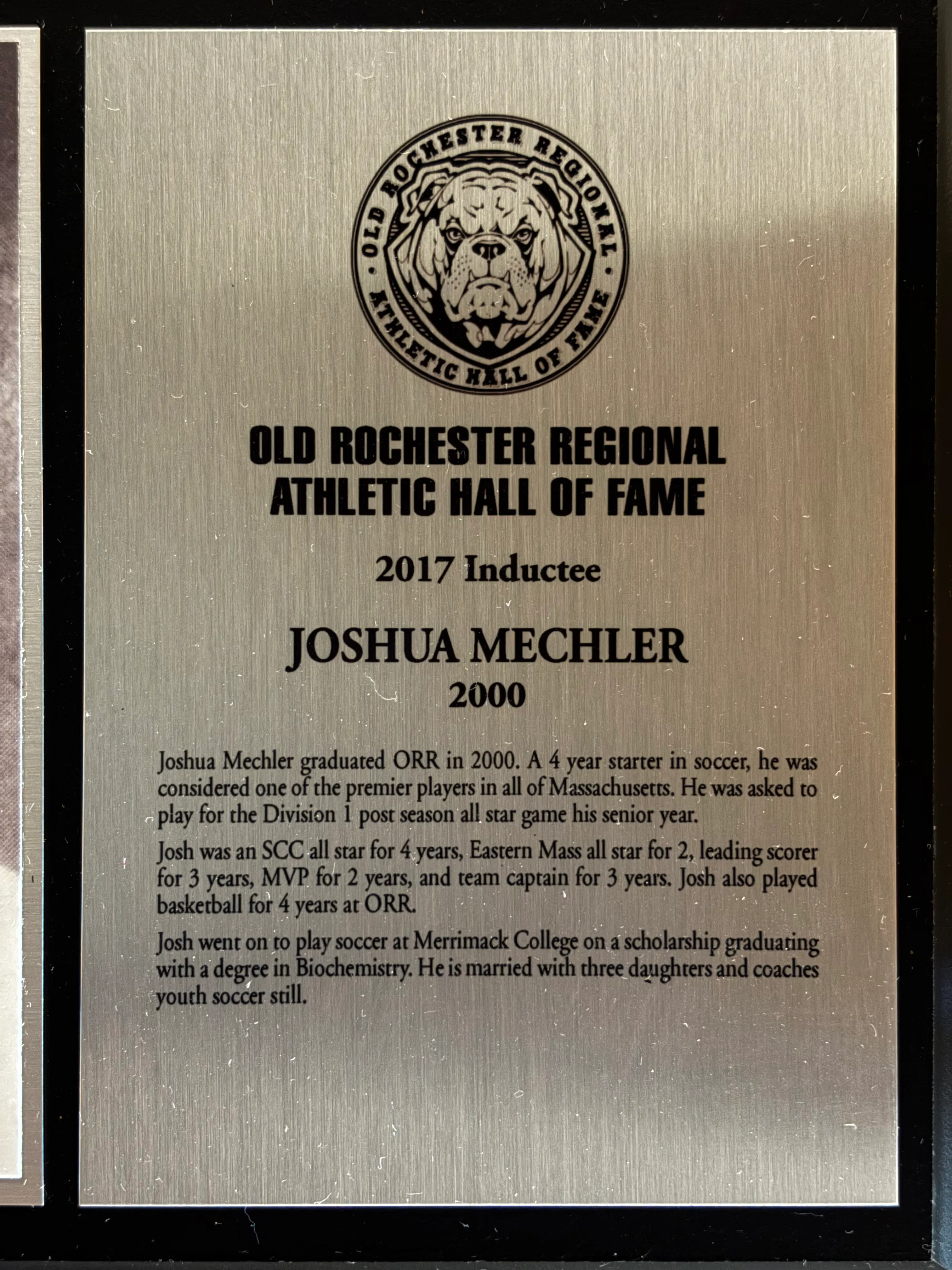 Original 2017 Old Rochester Regional Athletic Hall of Fame plaque for Joshua Mechler