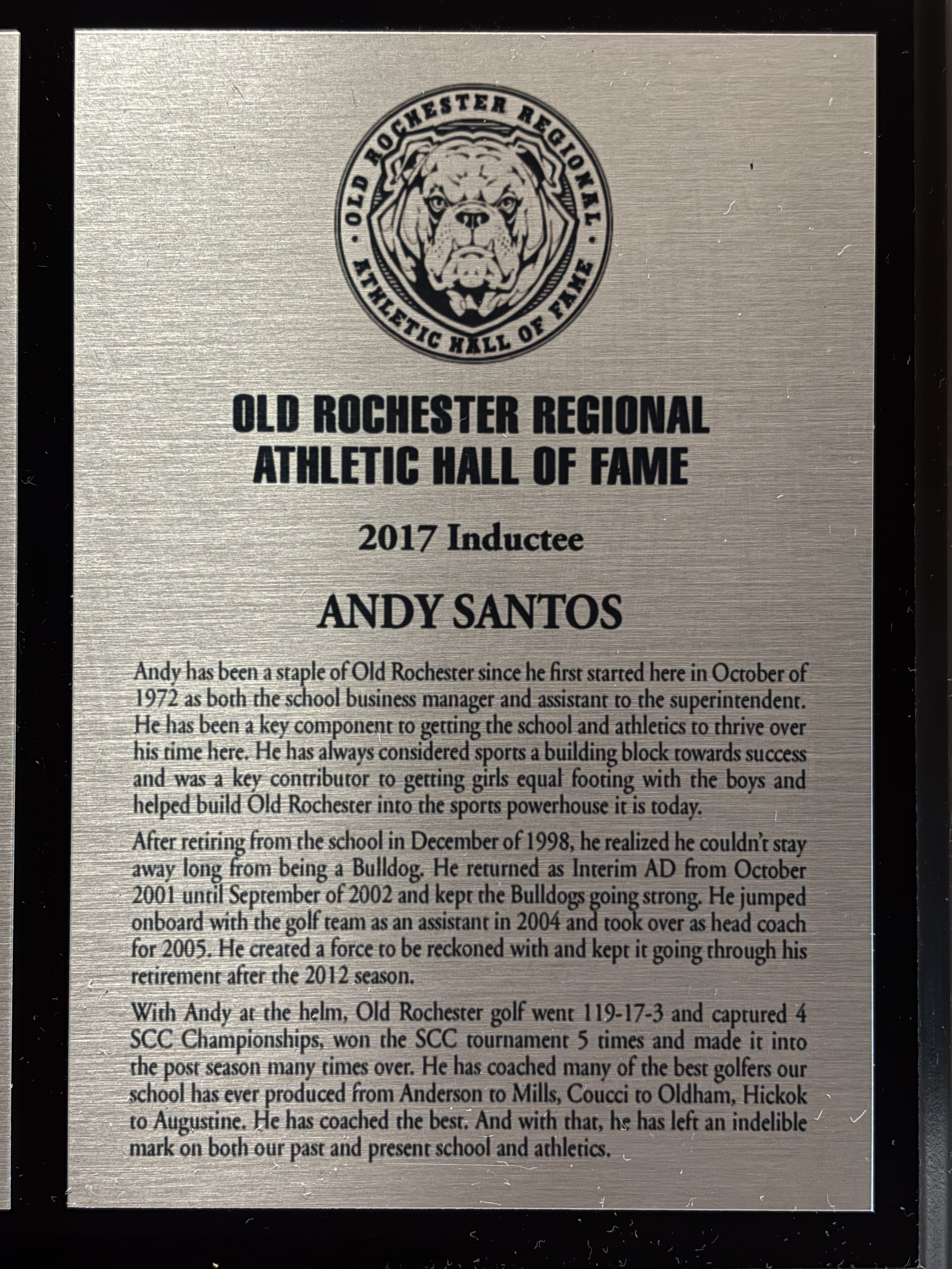 Original 2017 Old Rochester Regional Athletic Hall of Fame plaque for Andy Santos