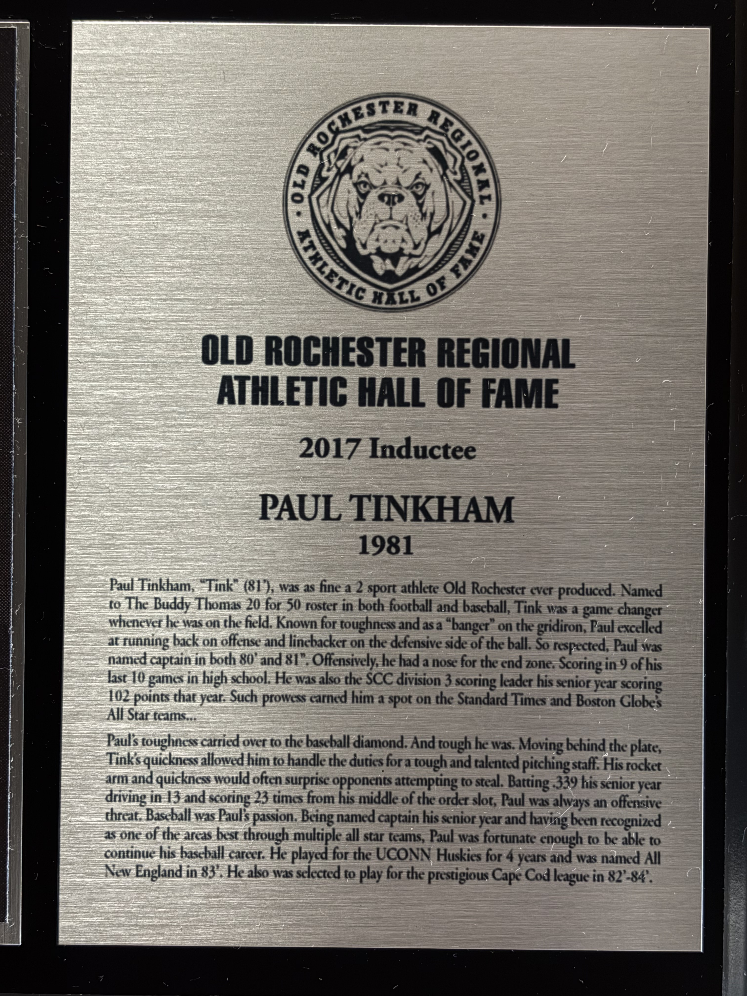 Original 2017 Old Rochester Regional Athletic Hall of Fame plaque for Paul Tinkham