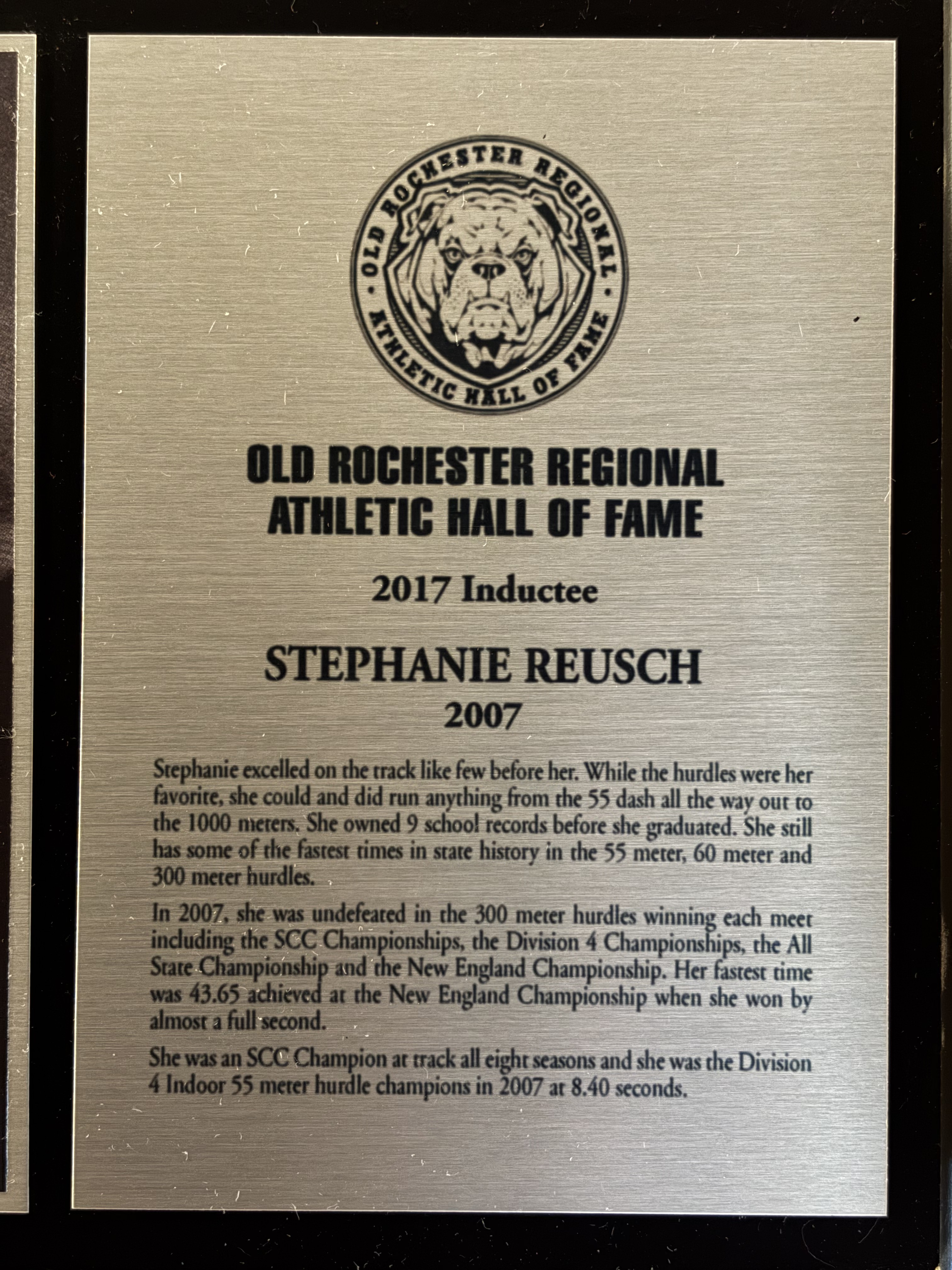 Original 2017 Old Rochester Regional Athletic Hall of Fame plaque for Stephanie Reusch