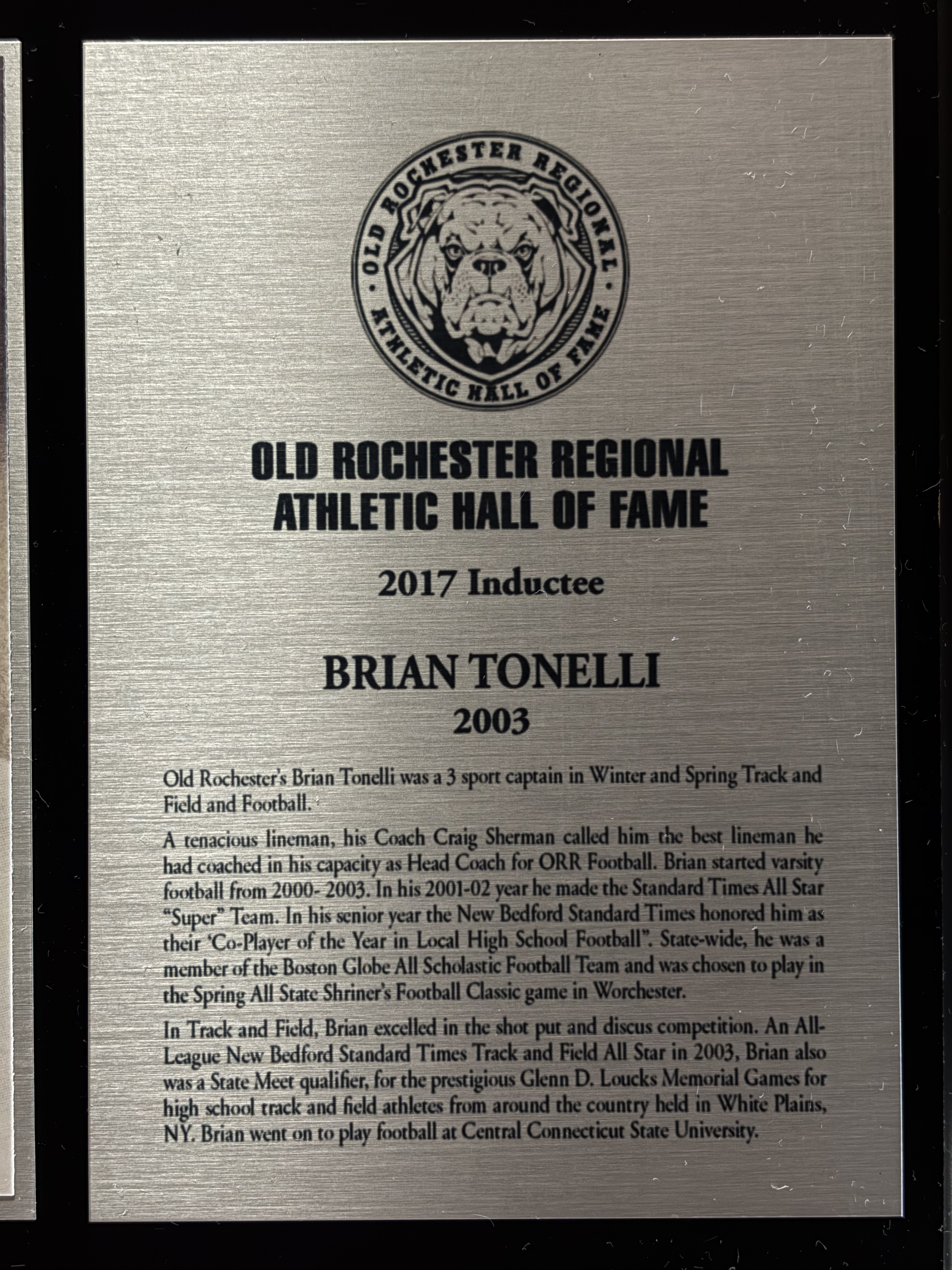 Original 2017 Old Rochester Regional Athletic Hall of Fame plaque for Brian Tonelli