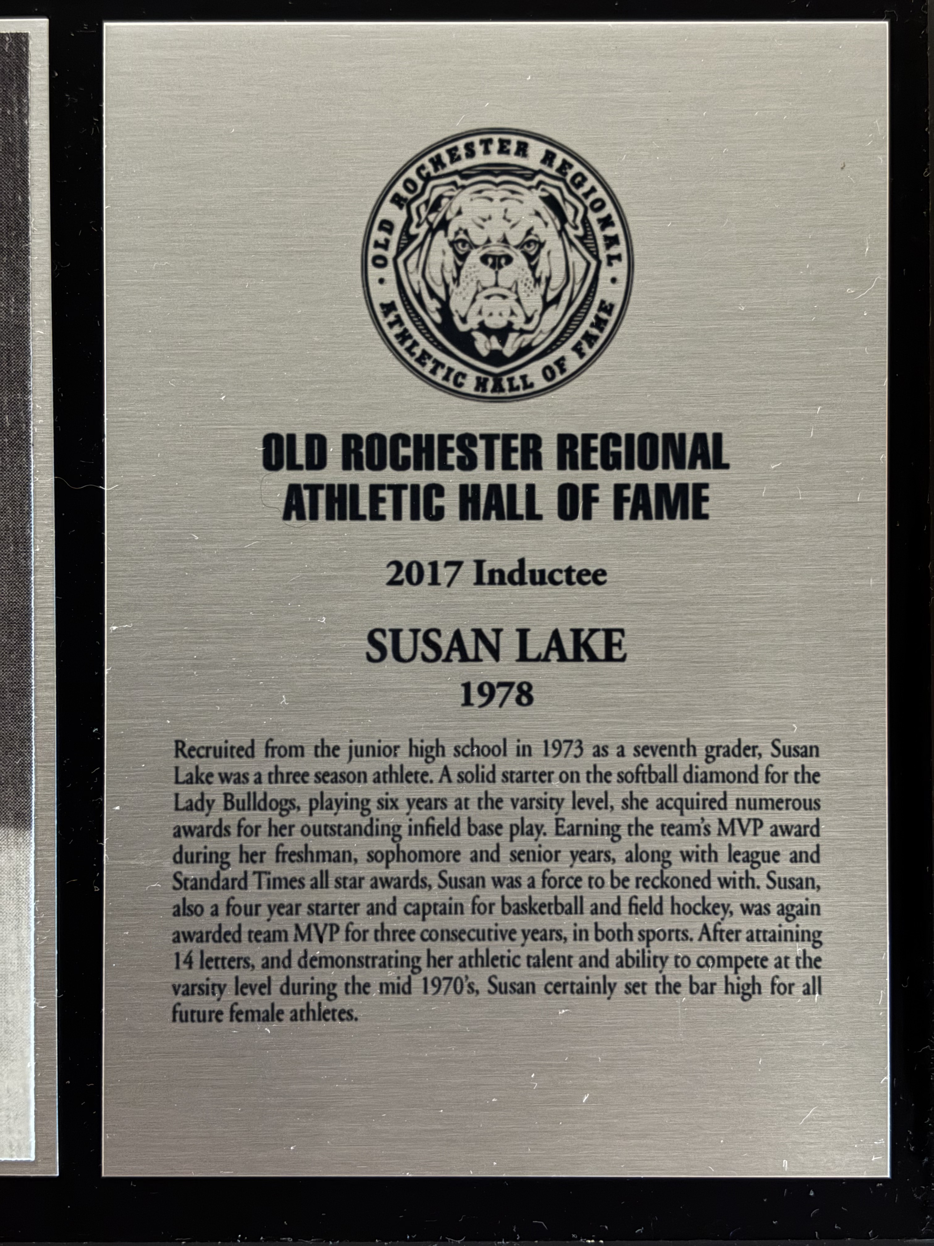 Original 2017 Old Rochester Regional Athletic Hall of Fame plaque for Susan Lake