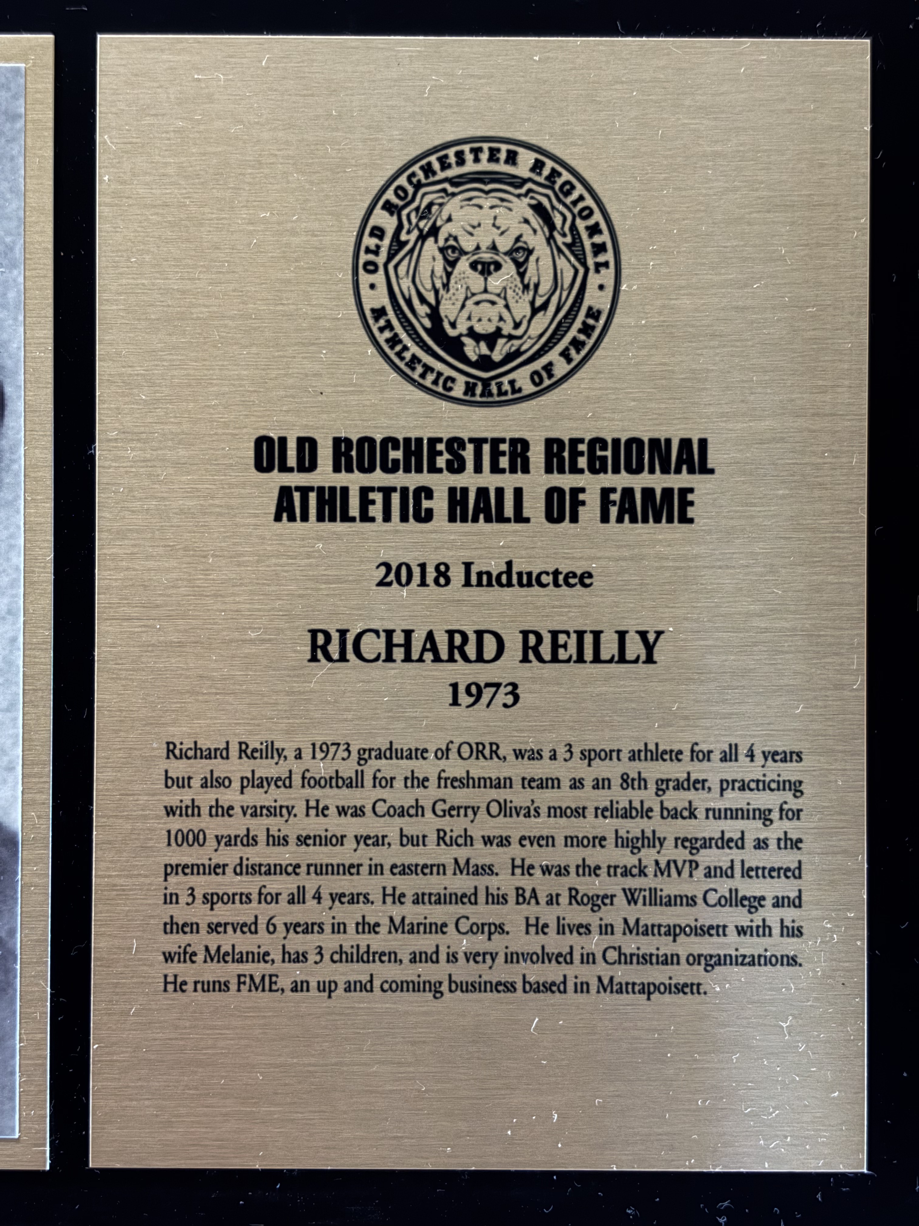 Original 2018 Old Rochester Regional Athletic Hall of Fame plaque for Richard Reilly