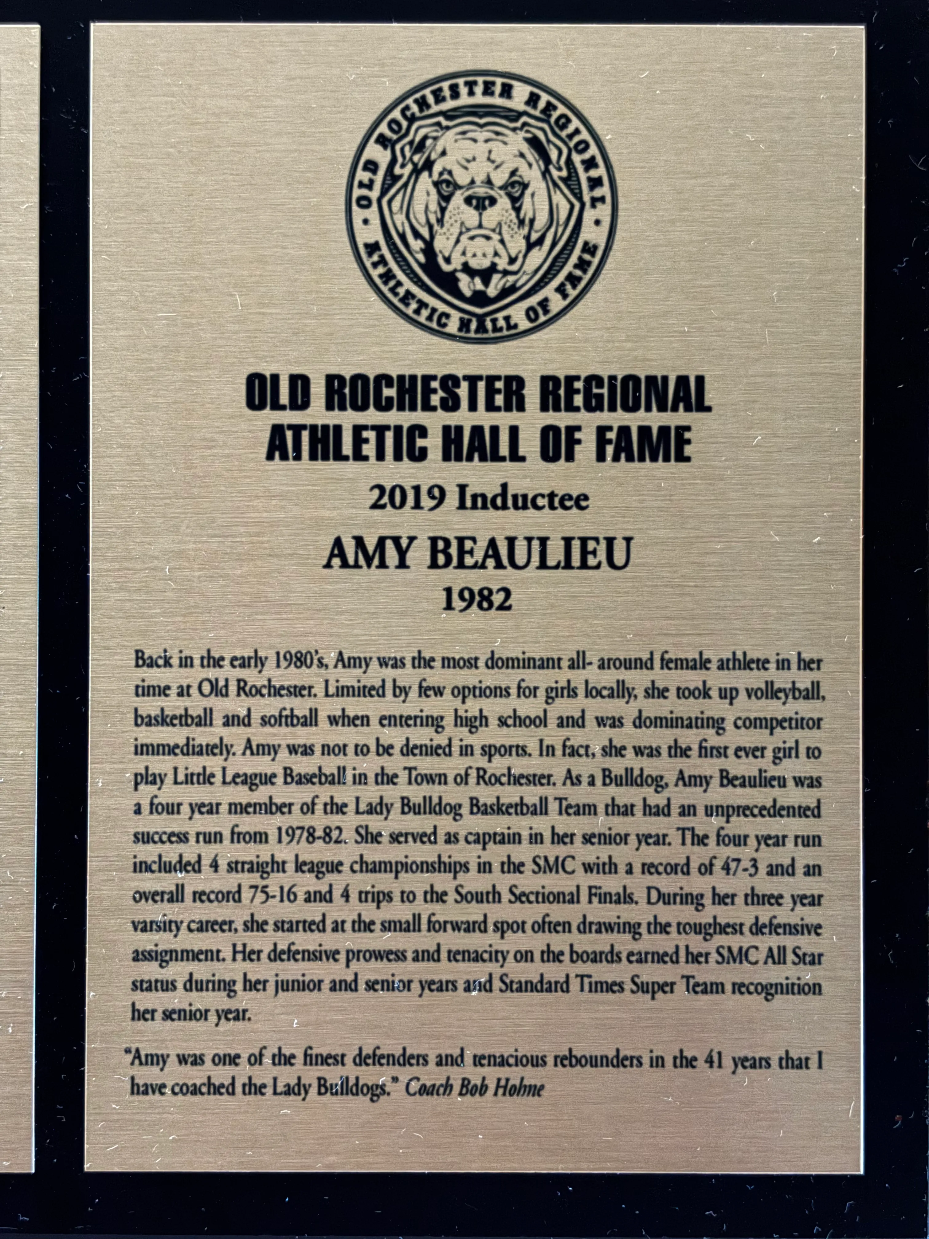 Original 2019 Old Rochester Regional Athletic Hall of Fame plaque for Amy Beaulieu