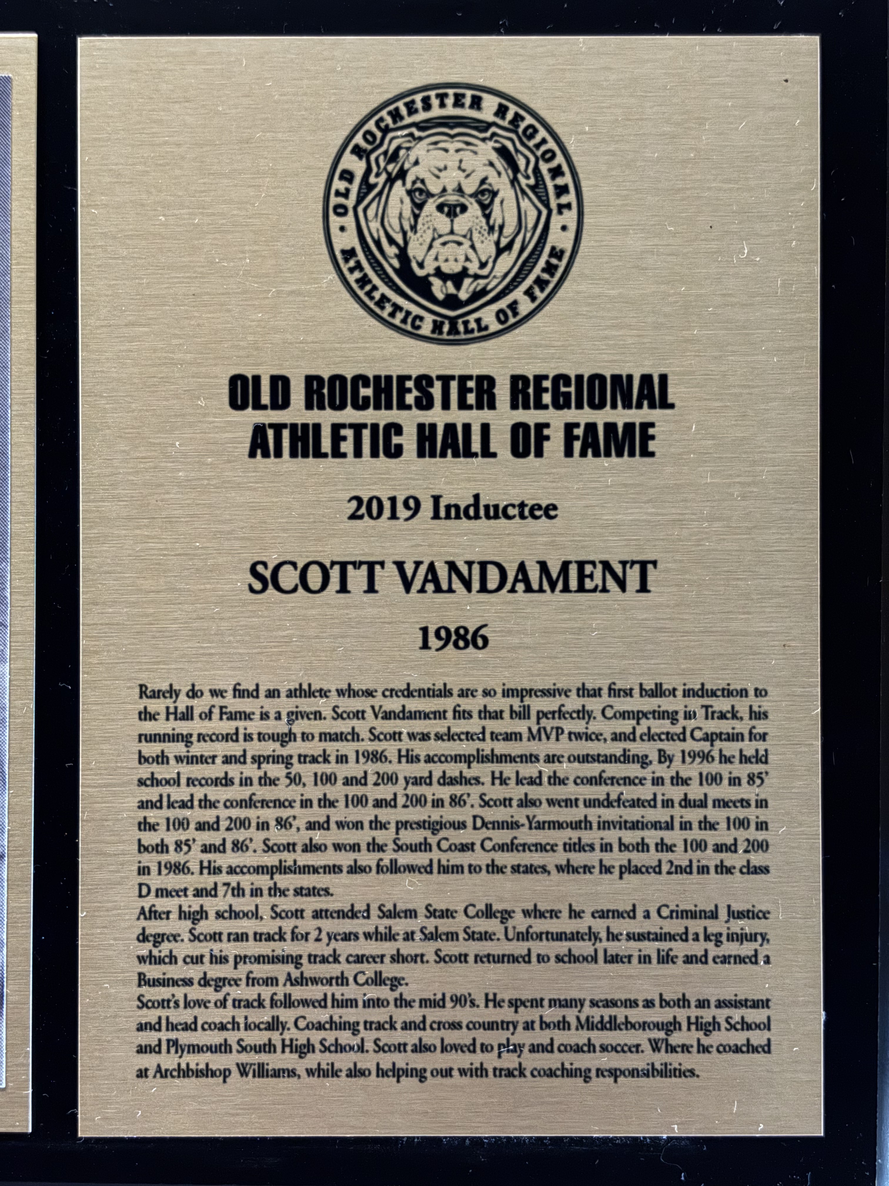 Original 2019 Old Rochester Regional Athletic Hall of Fame plaque for Scott Vandament