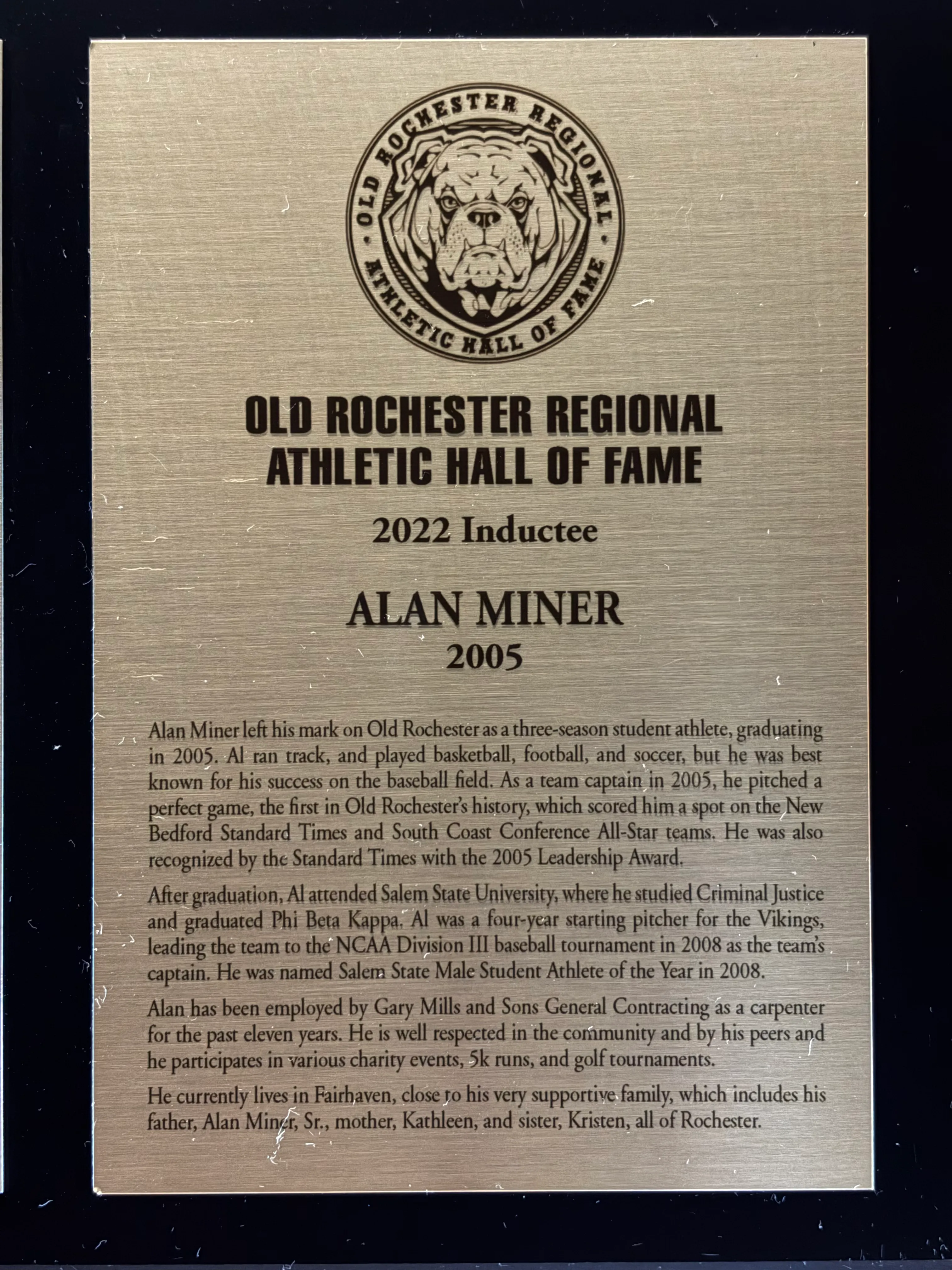 Original 2022 Old Rochester Regional Athletic Hall of Fame plaque for Alan Miner