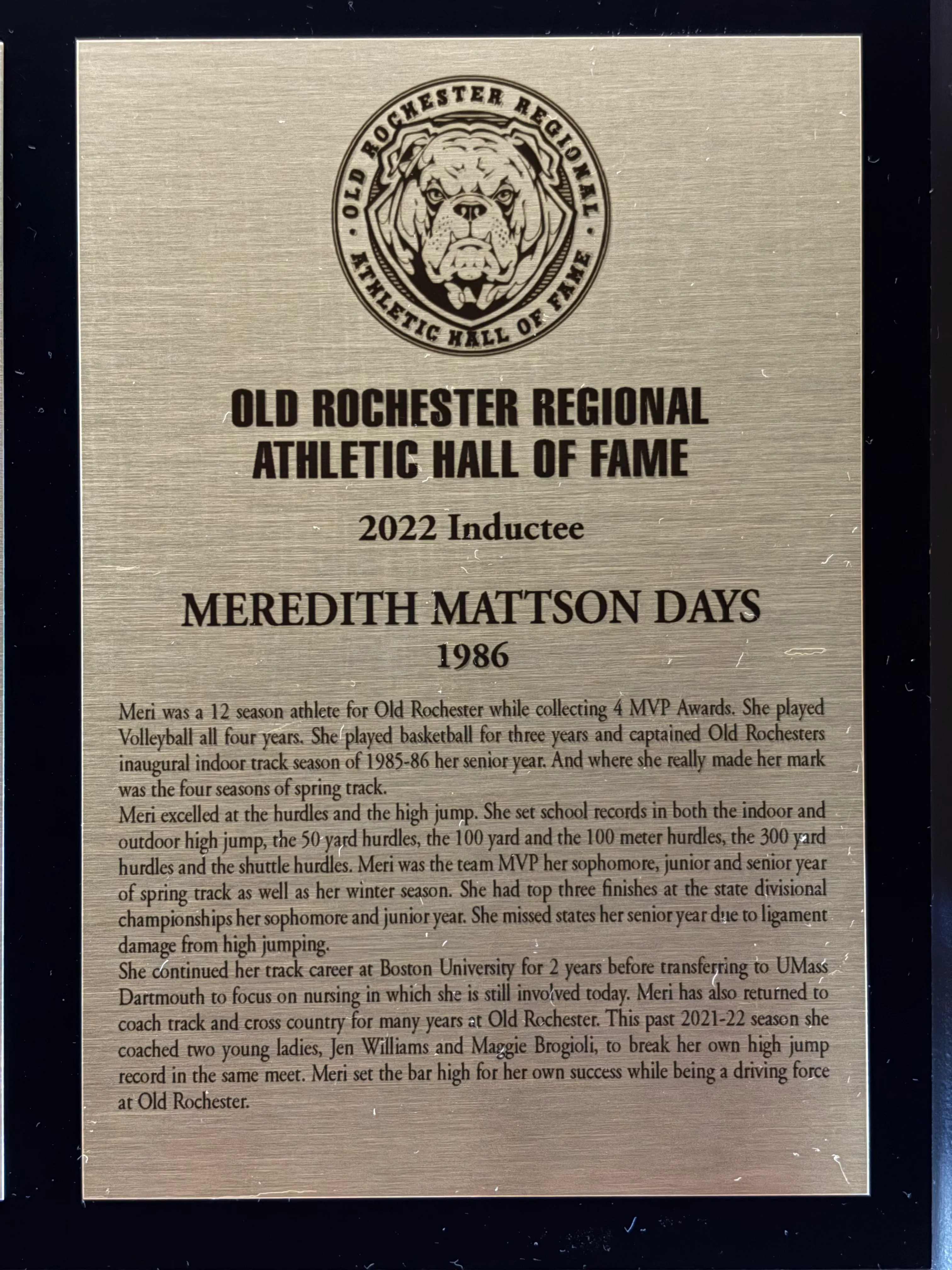 Original 2022 Old Rochester Regional Athletic Hall of Fame plaque for Meredith Mattson Days