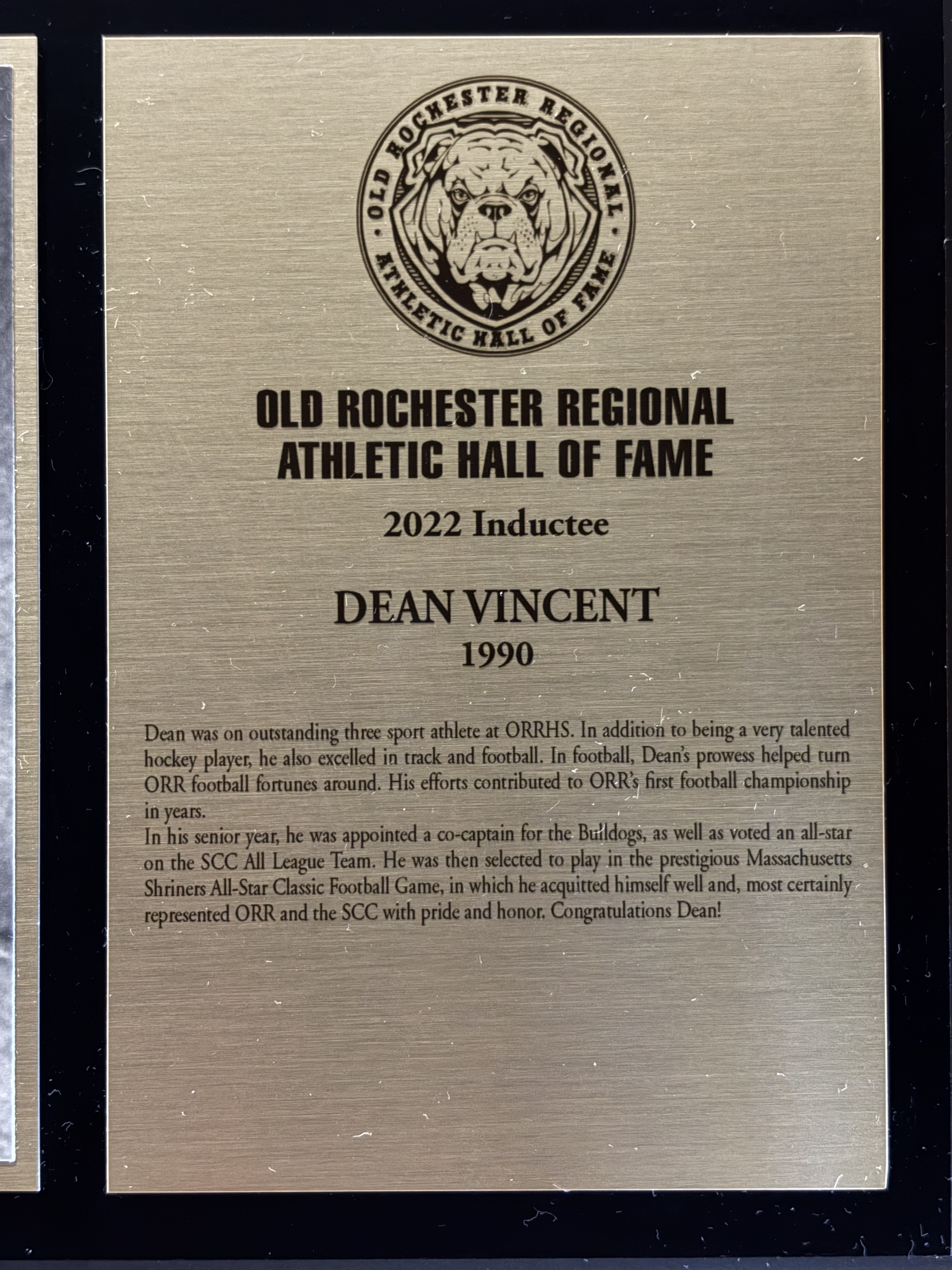 Original 2022 Old Rochester Regional Athletic Hall of Fame plaque for Dean Vincent