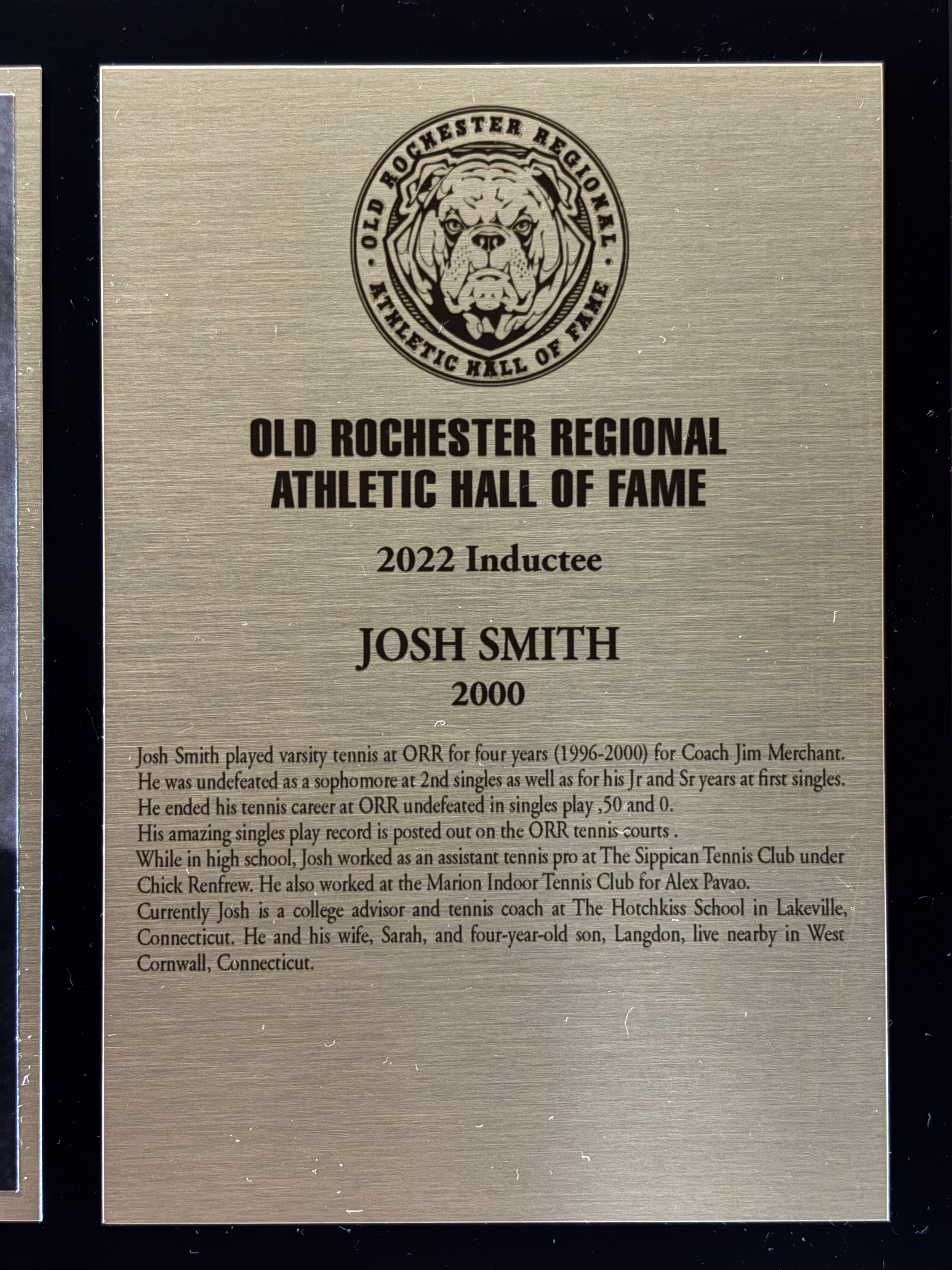 Original 2022 Old Rochester Regional Athletic Hall of Fame plaque for Josh Smith