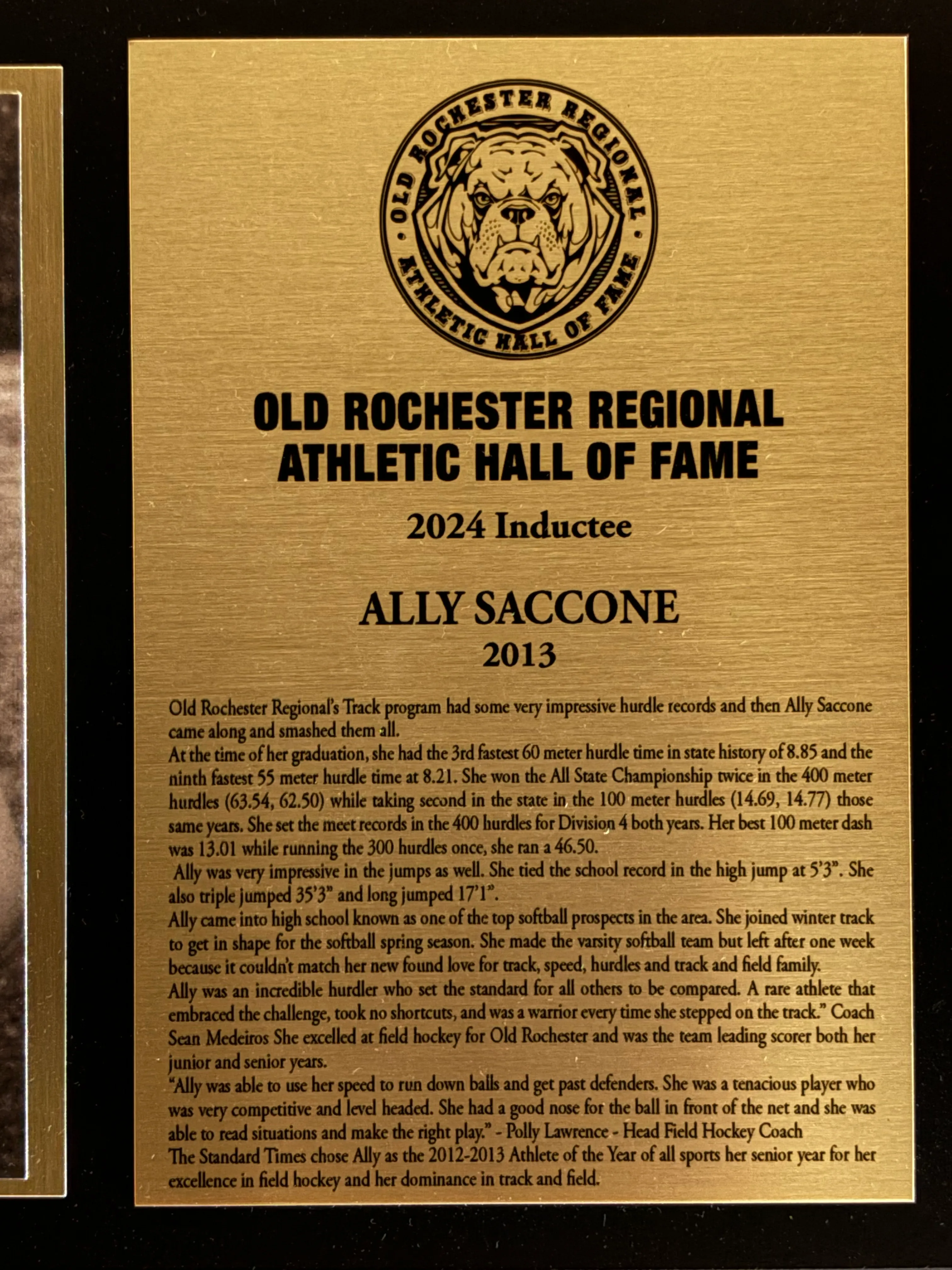 Original 2024 Old Rochester Regional Athletic Hall of Fame plaque for Ally Saccone