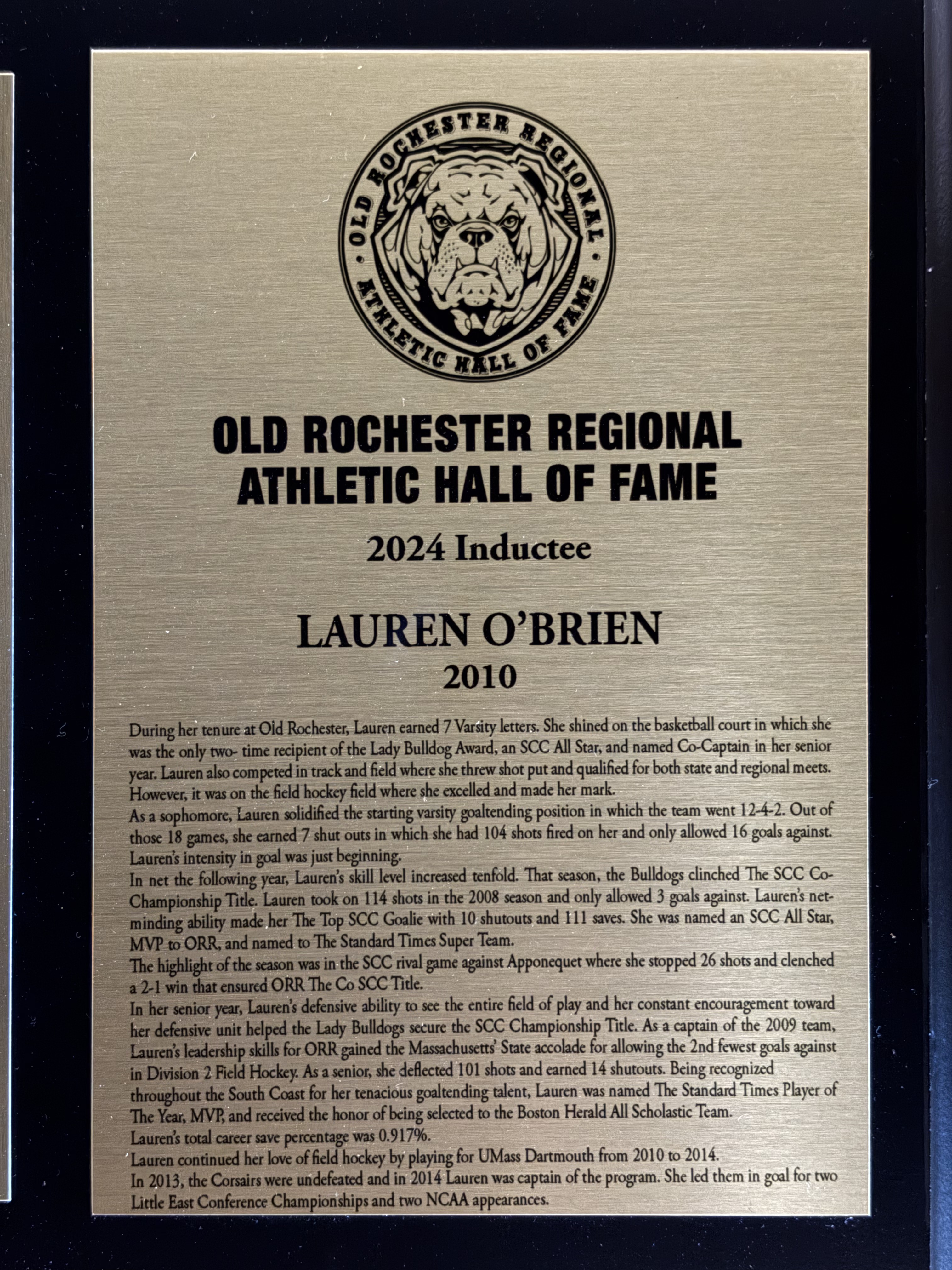 Original 2024 Old Rochester Regional Athletic Hall of Fame plaque for Lauren O’Brien