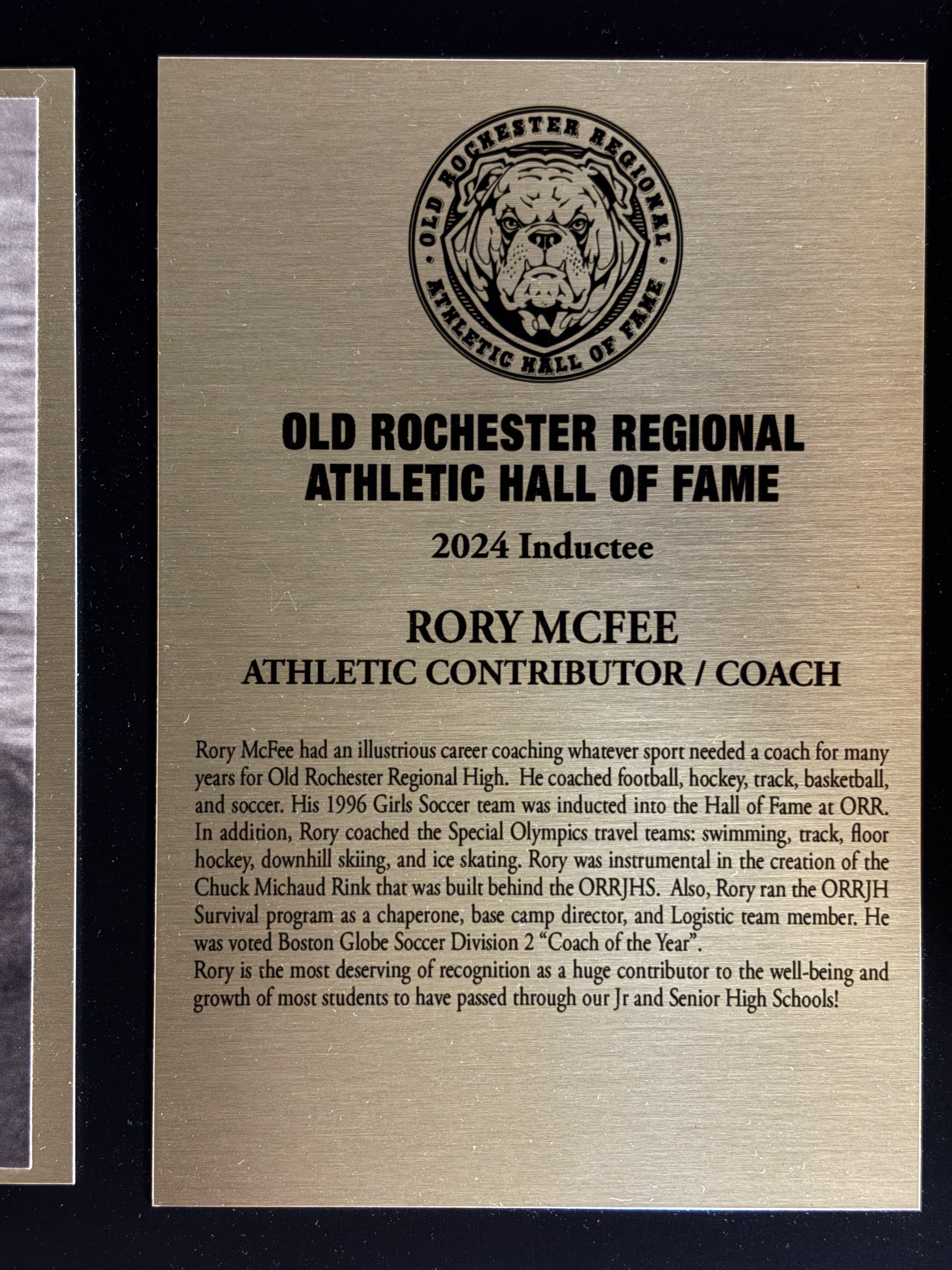 Original 2024 Old Rochester Regional Athletic Hall of Fame plaque for Rory McFee