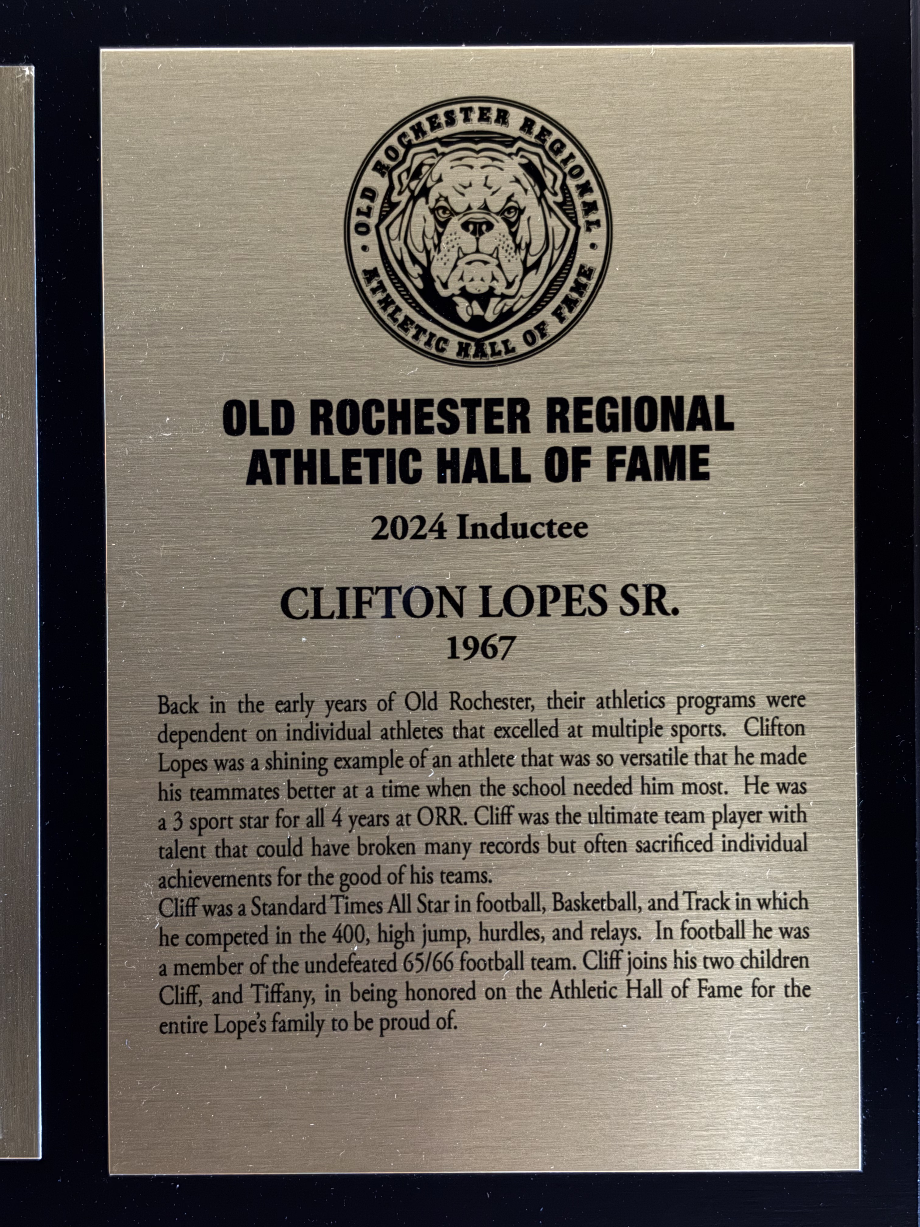 Original 2024 Old Rochester Regional Athletic Hall of Fame plaque for Clifton Lopes Sr.