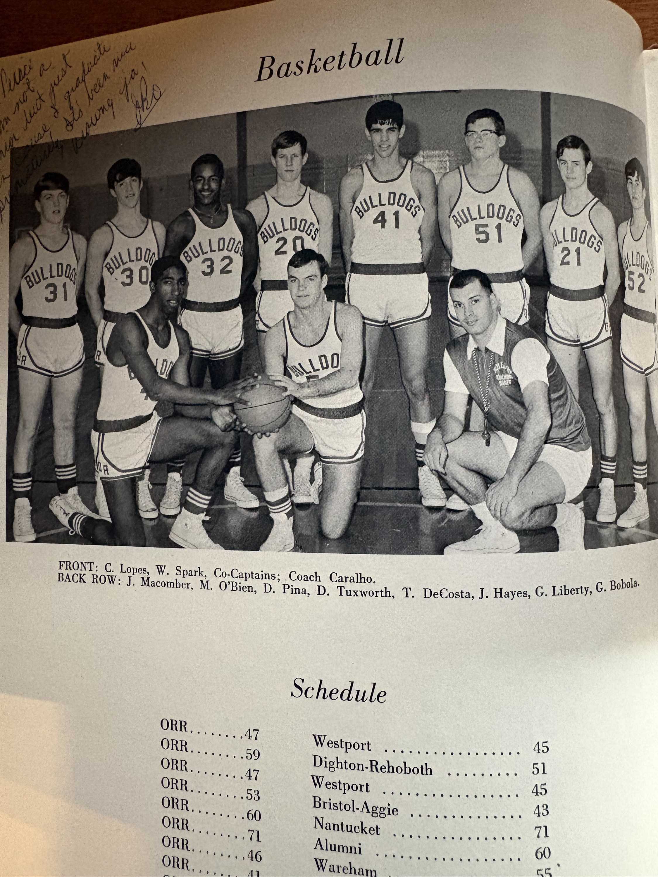 ORR basketball team yearbook page listing C. Lopes in the front row