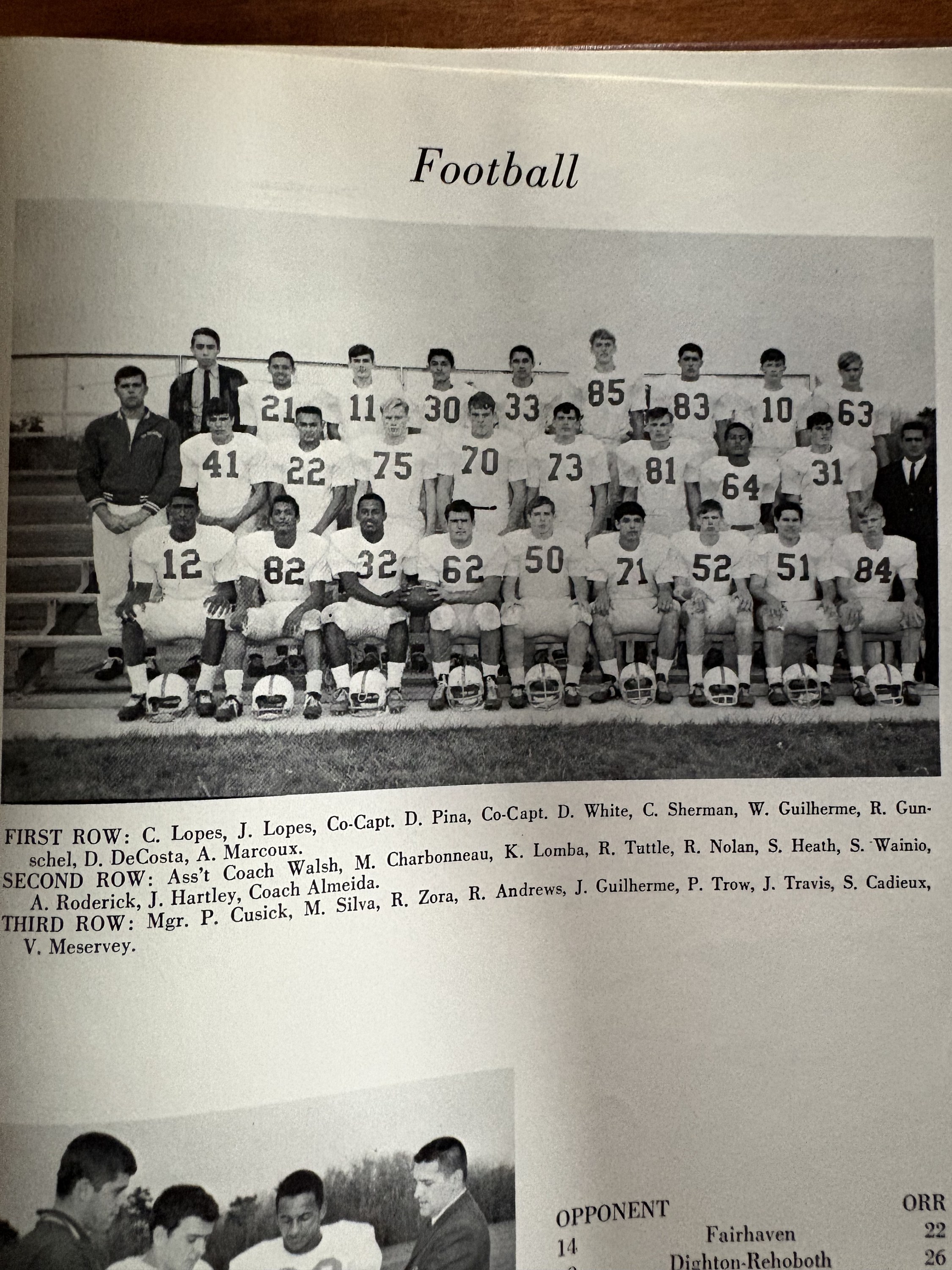 ORR football team yearbook page listing C. Lopes in the first row