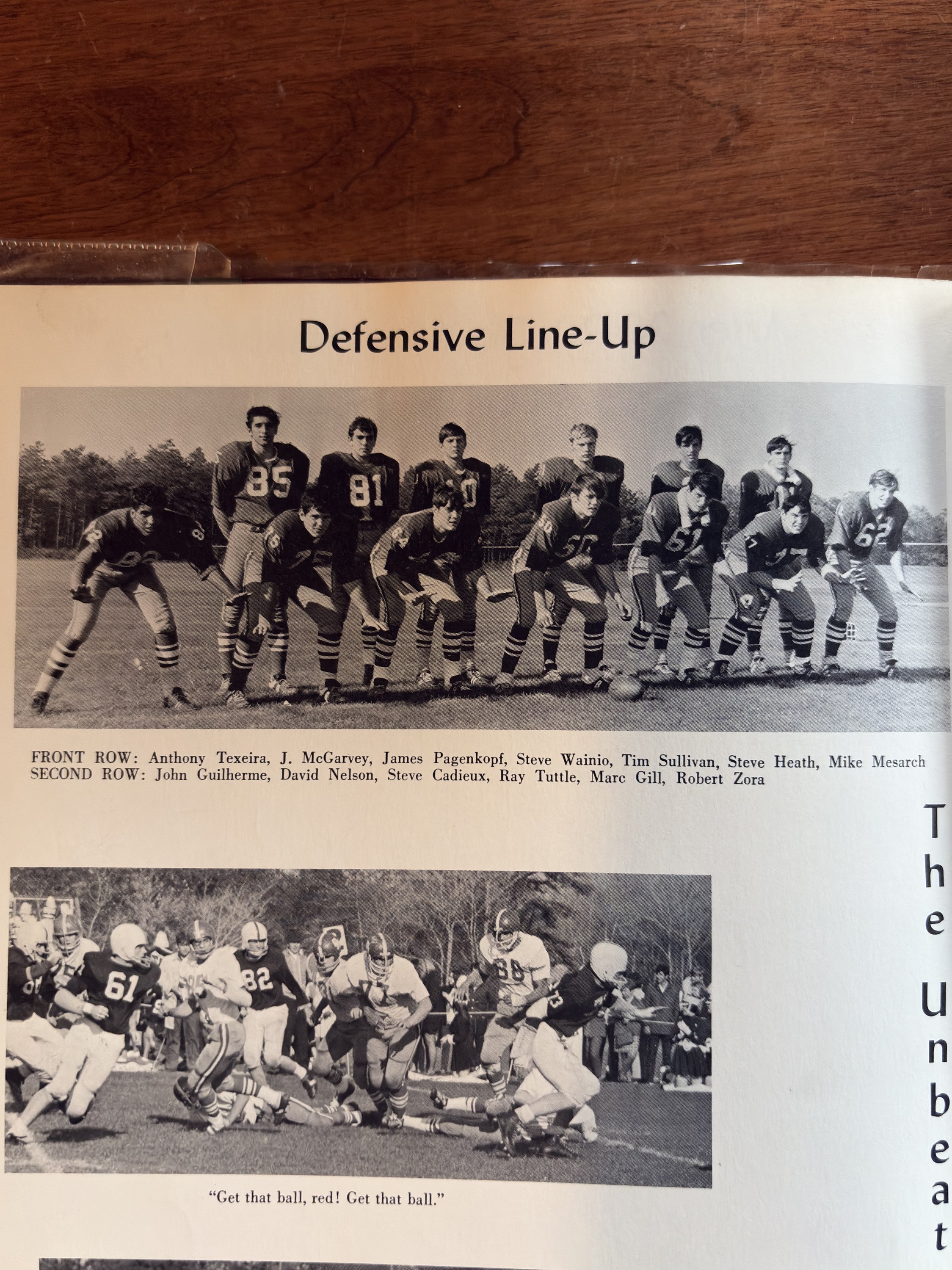 ORR football defensive lineup yearbook page naming Steve Heath in the front row