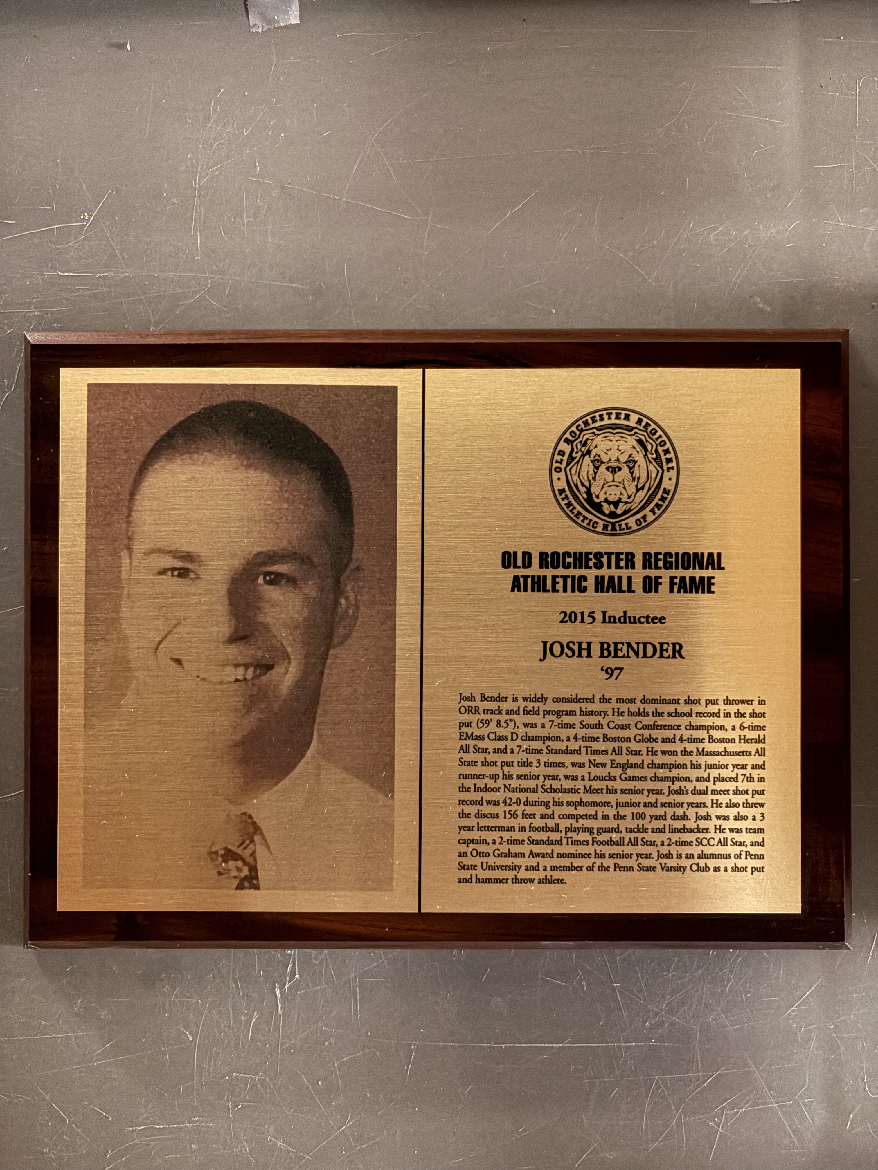 Josh Bender’s complete 2015 Hall of Fame display with historical photograph and induction plaque