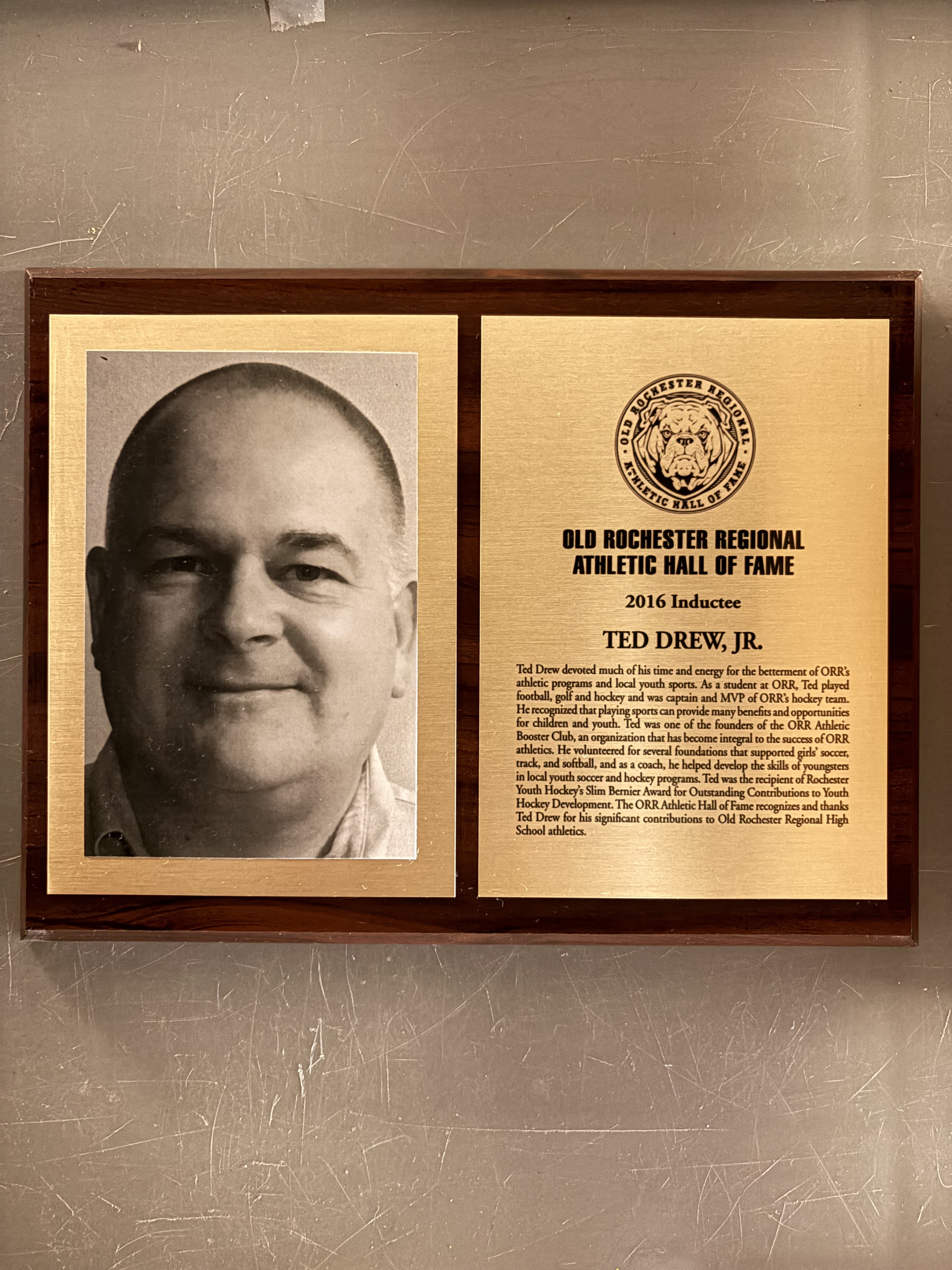 Ted Drew, Jr.’s complete 2016 Hall of Fame display with historical photograph and induction plaque