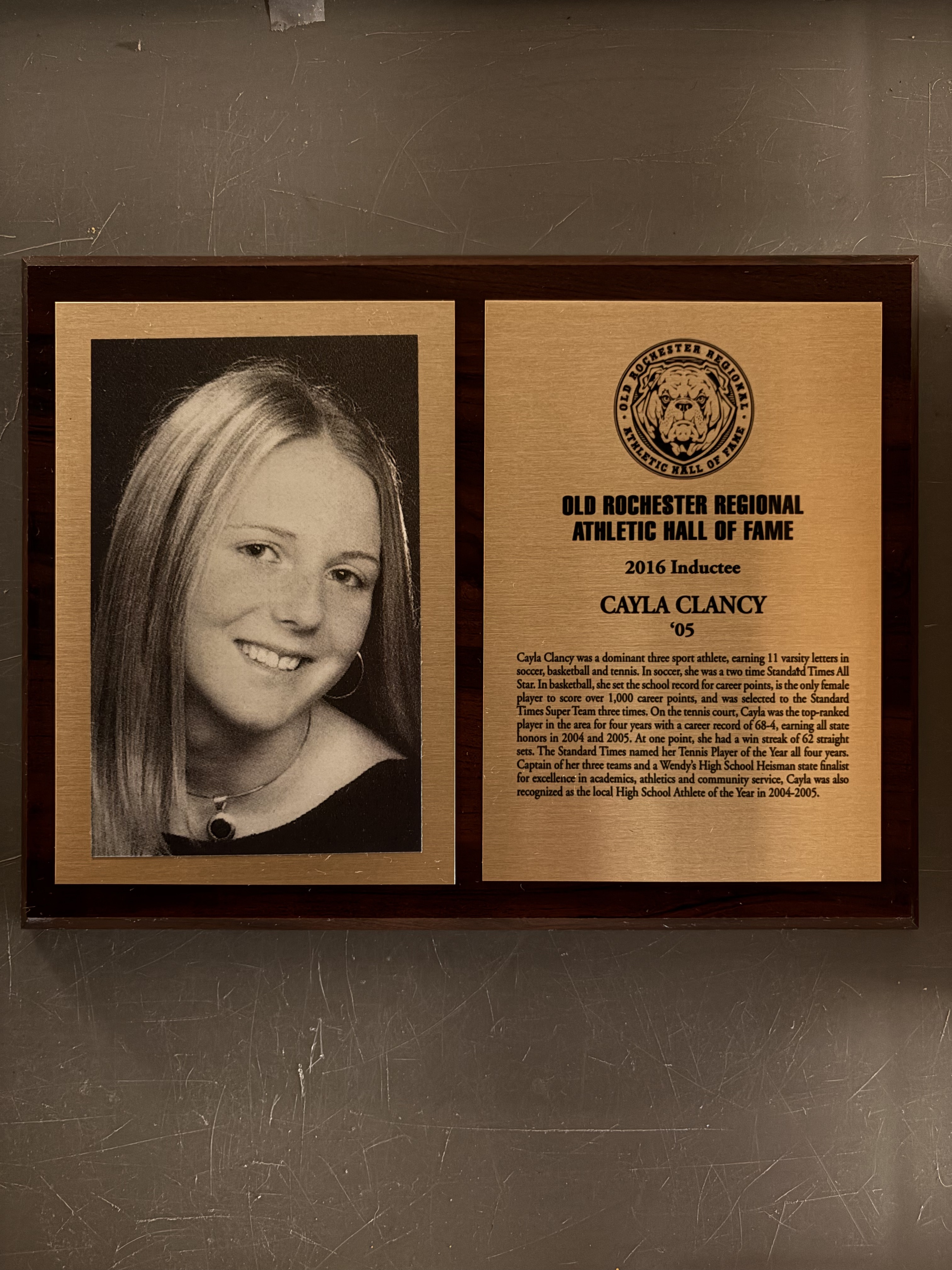 Cayla Clancy’s complete 2016 Hall of Fame display with historical photograph and induction plaque